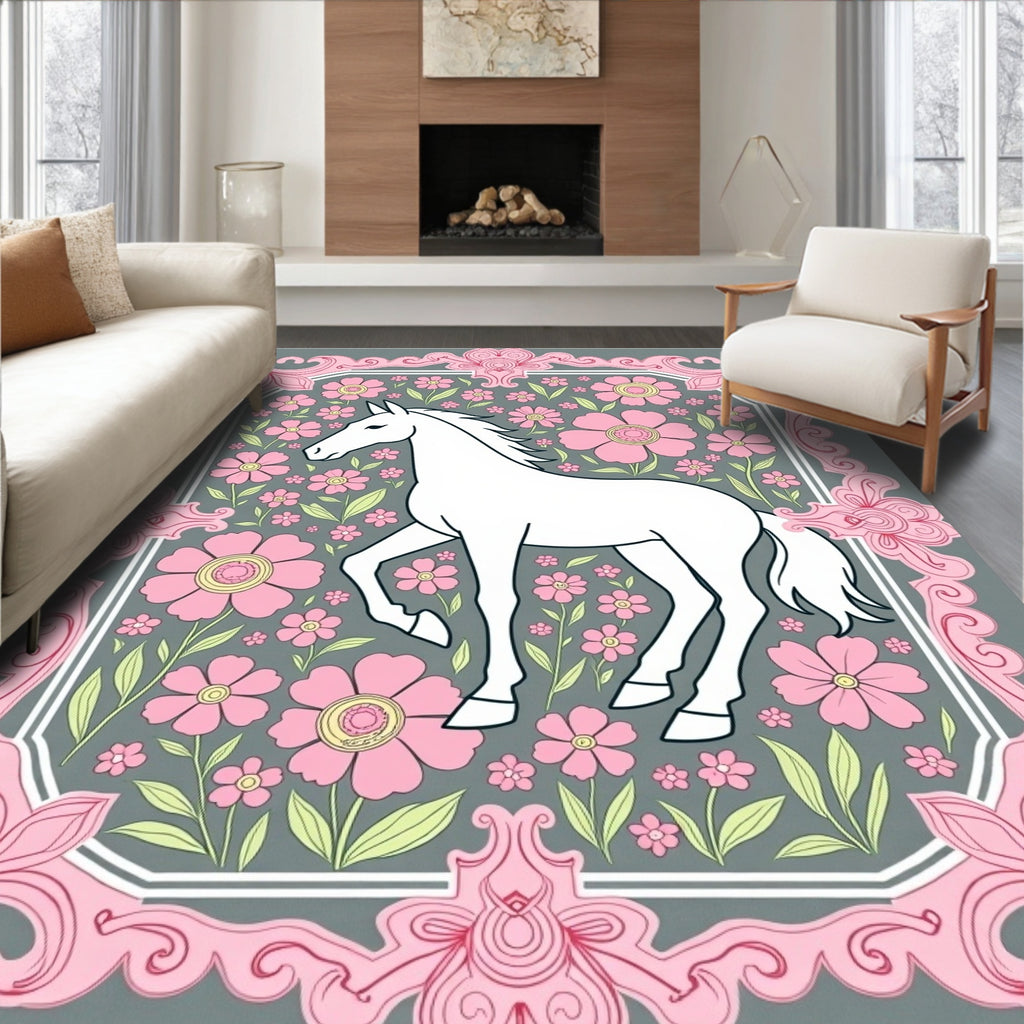 White Horse Pink Floral Garden Frame Rug