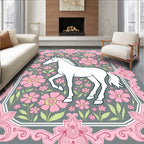 White Horse Pink Floral Garden Frame Rug