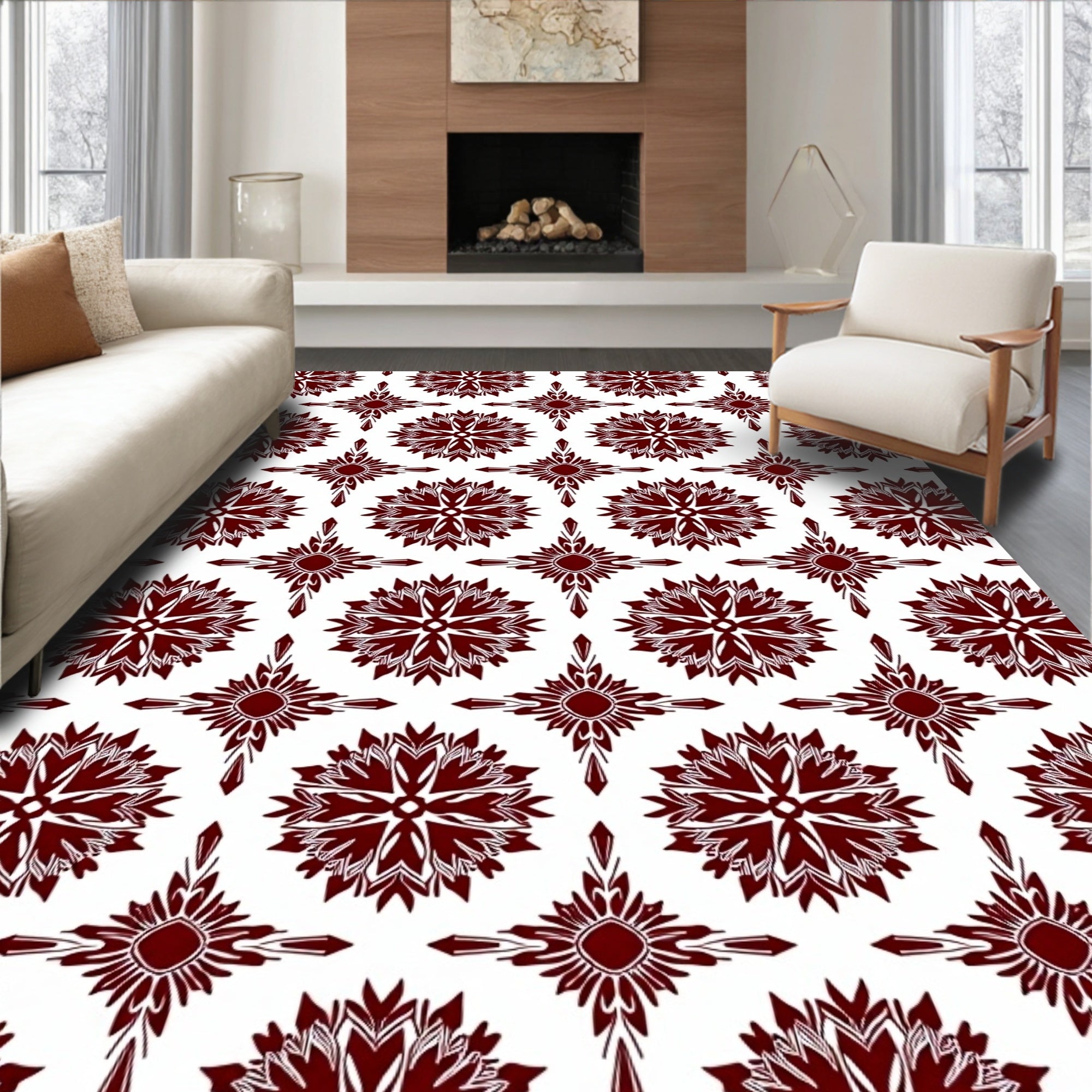 Deep Red Floral Medallion Repeating Rug