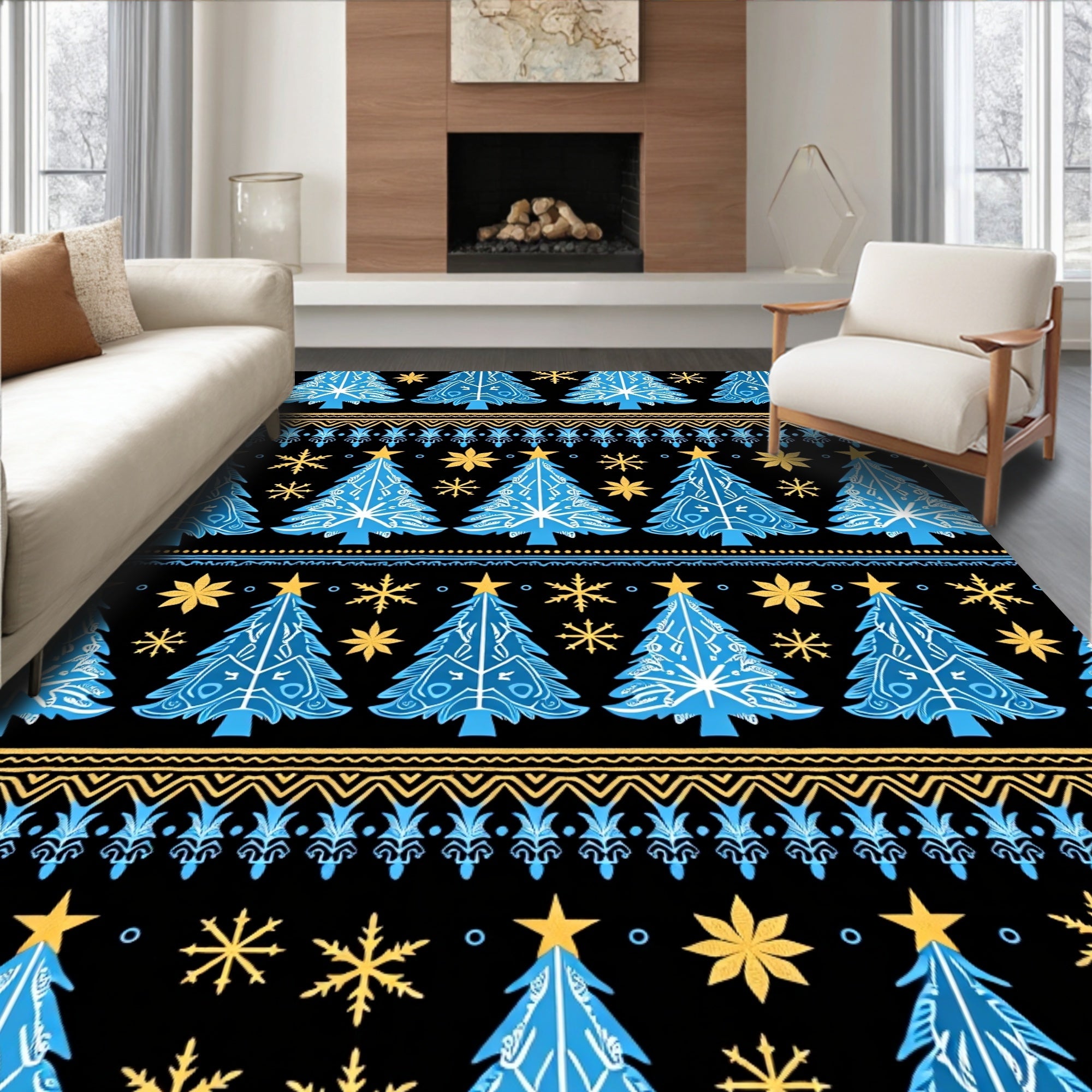 Nordic Blue Christmas Tree Snowflakes Rug