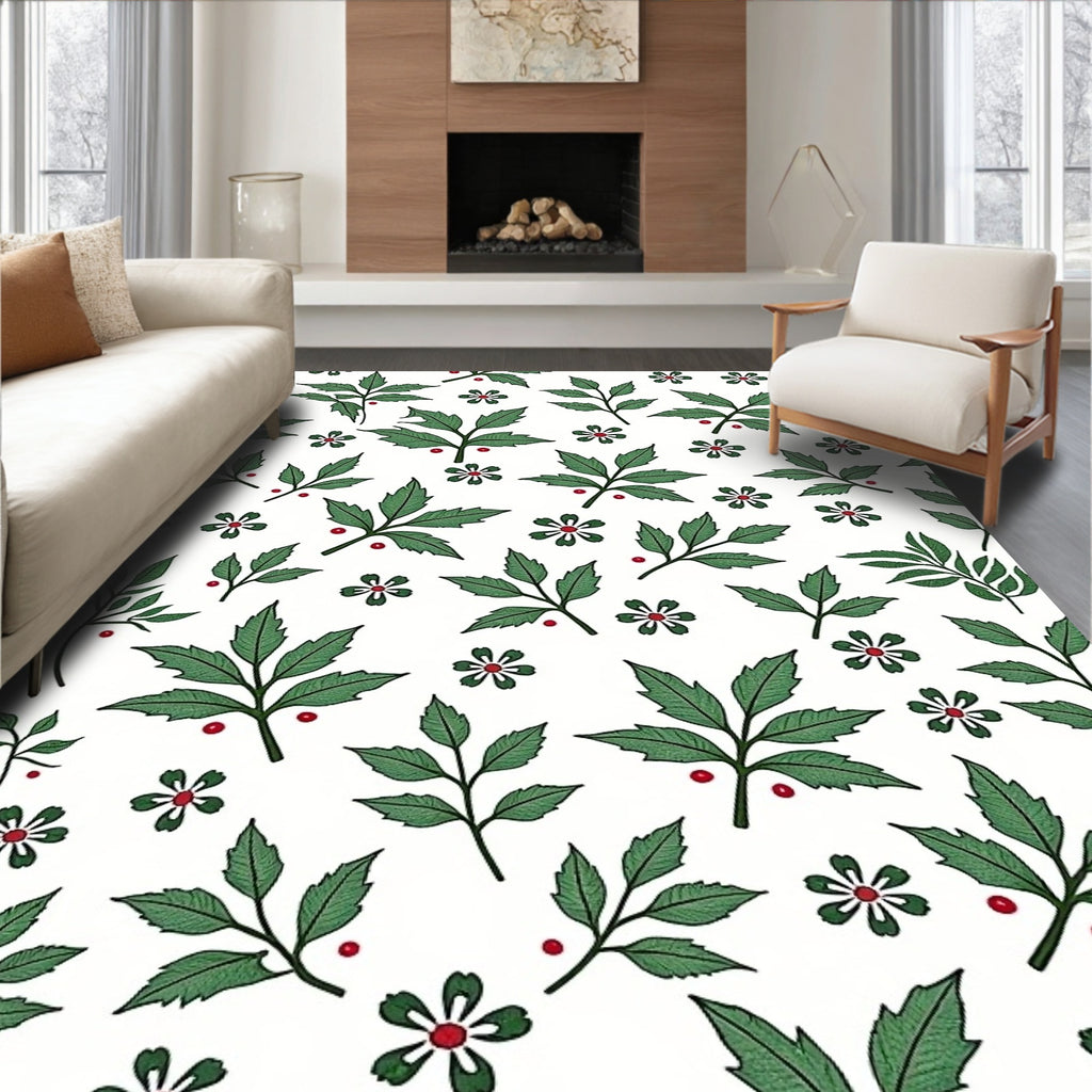 Green Leaf and Red Berry Sprigs Rug