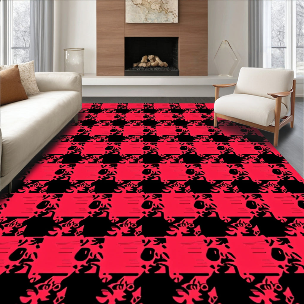 Bold Red Black Abstract Checkered Rug
