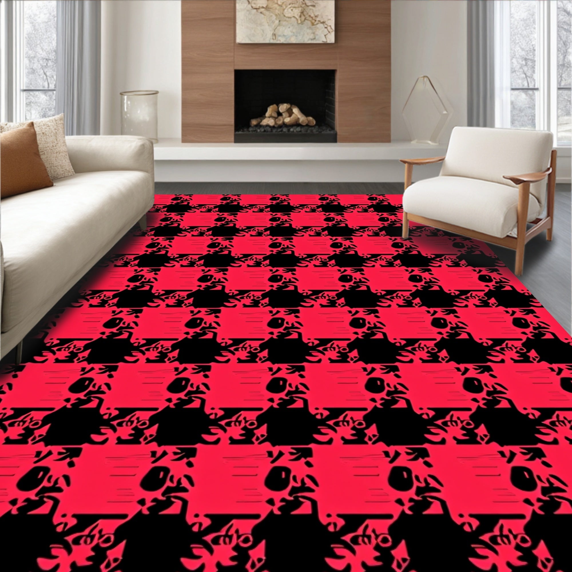 Bold Red Black Abstract Checkered Rug