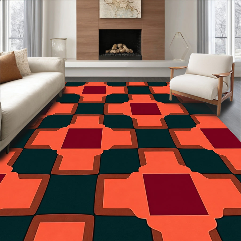 Orange Red Maroon Geometric Tiles Rug
