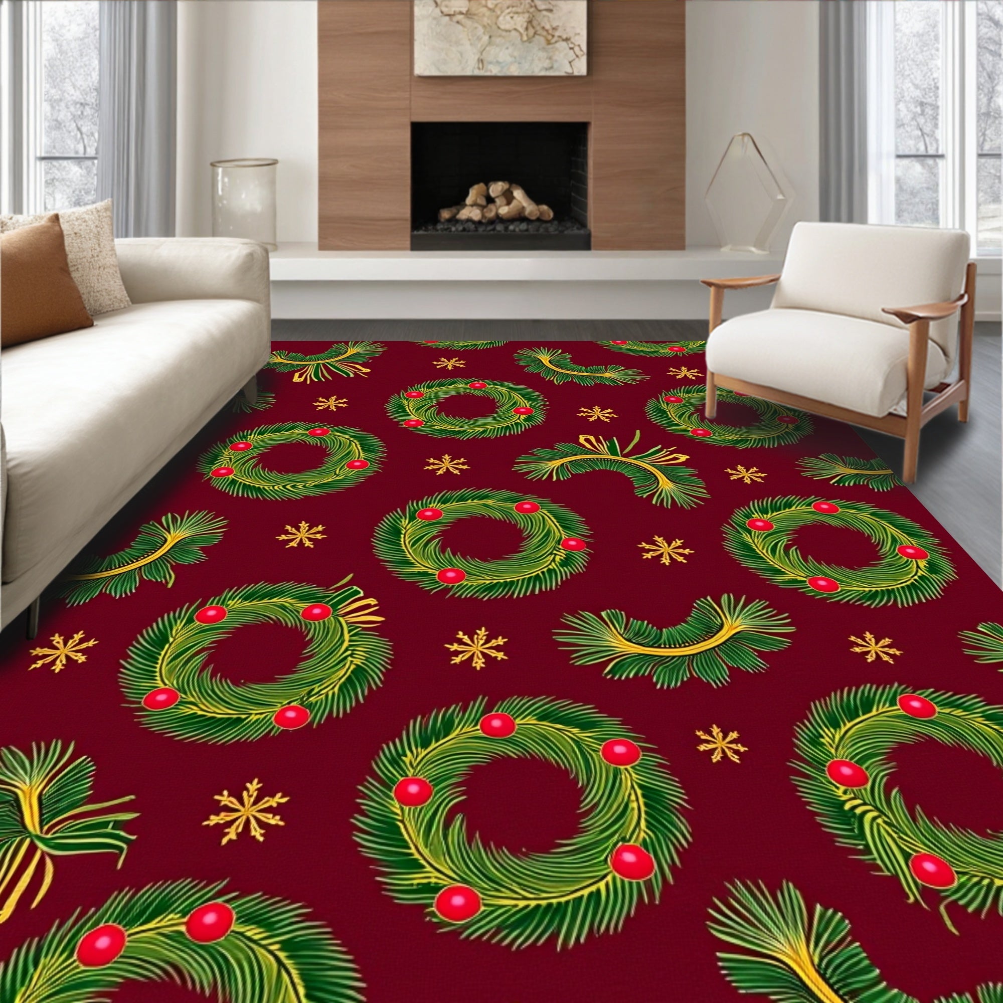 Red Green Wreath Garland Snowflake Rug