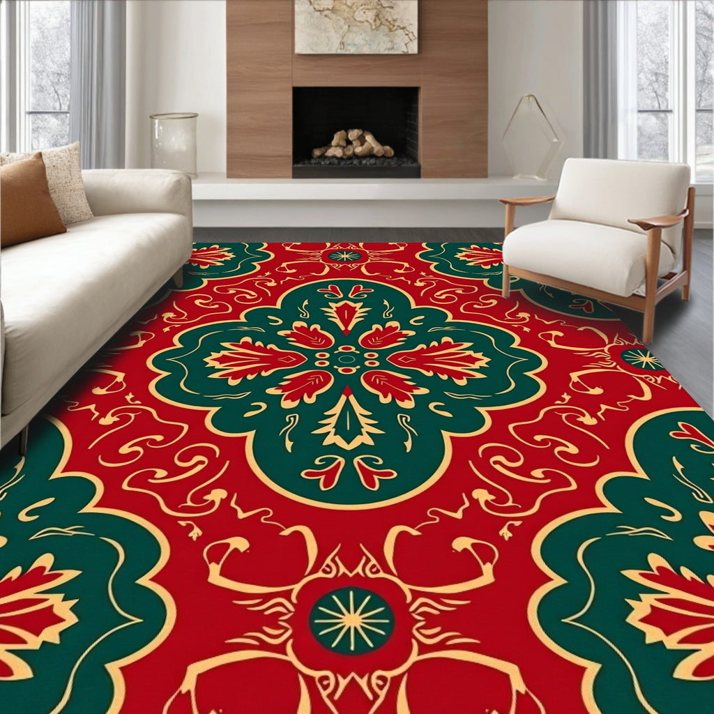 Crimson Teal Floral Medallion Repetition Rug
