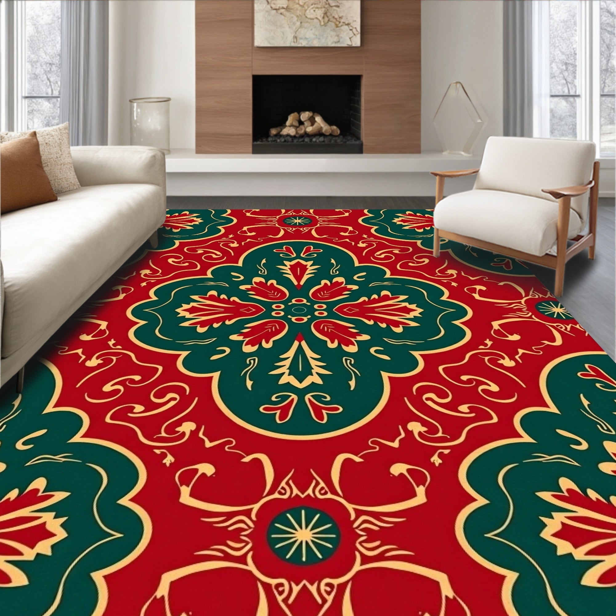 Crimson Teal Floral Medallion Repetition Rug
