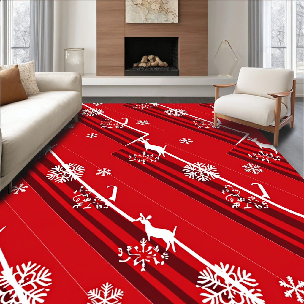 Red White Diagonal Stripe Deer Snowflake Rug