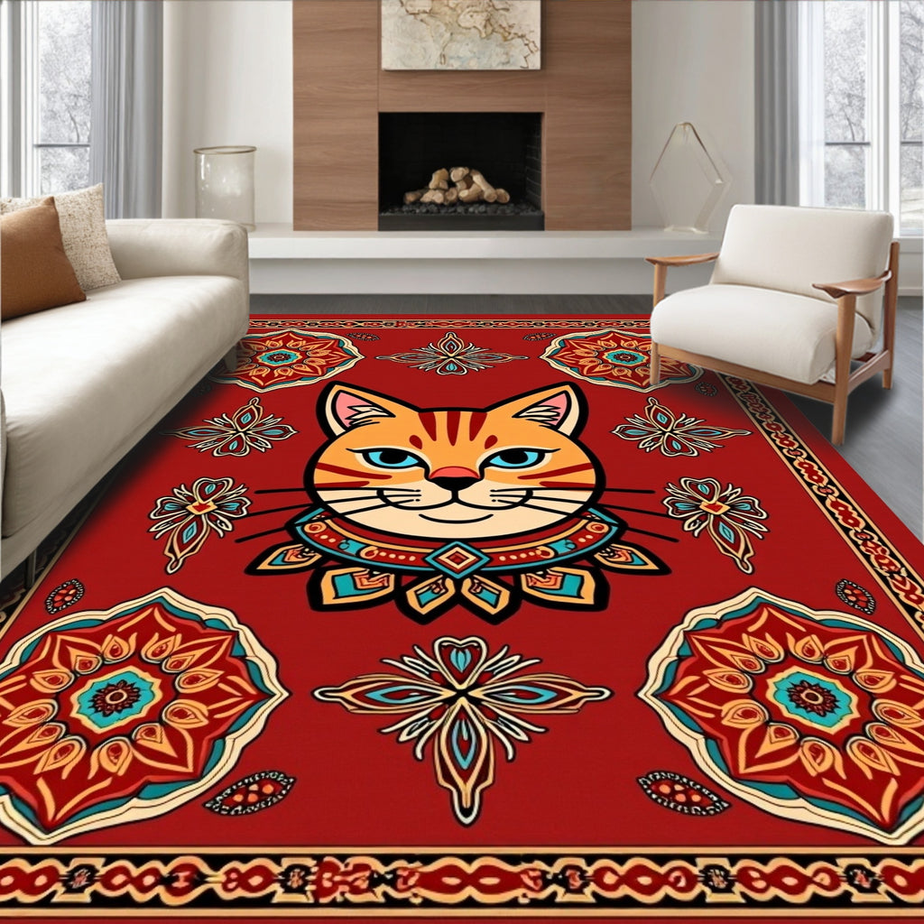 Whimsical Red Cat Medallion Rug