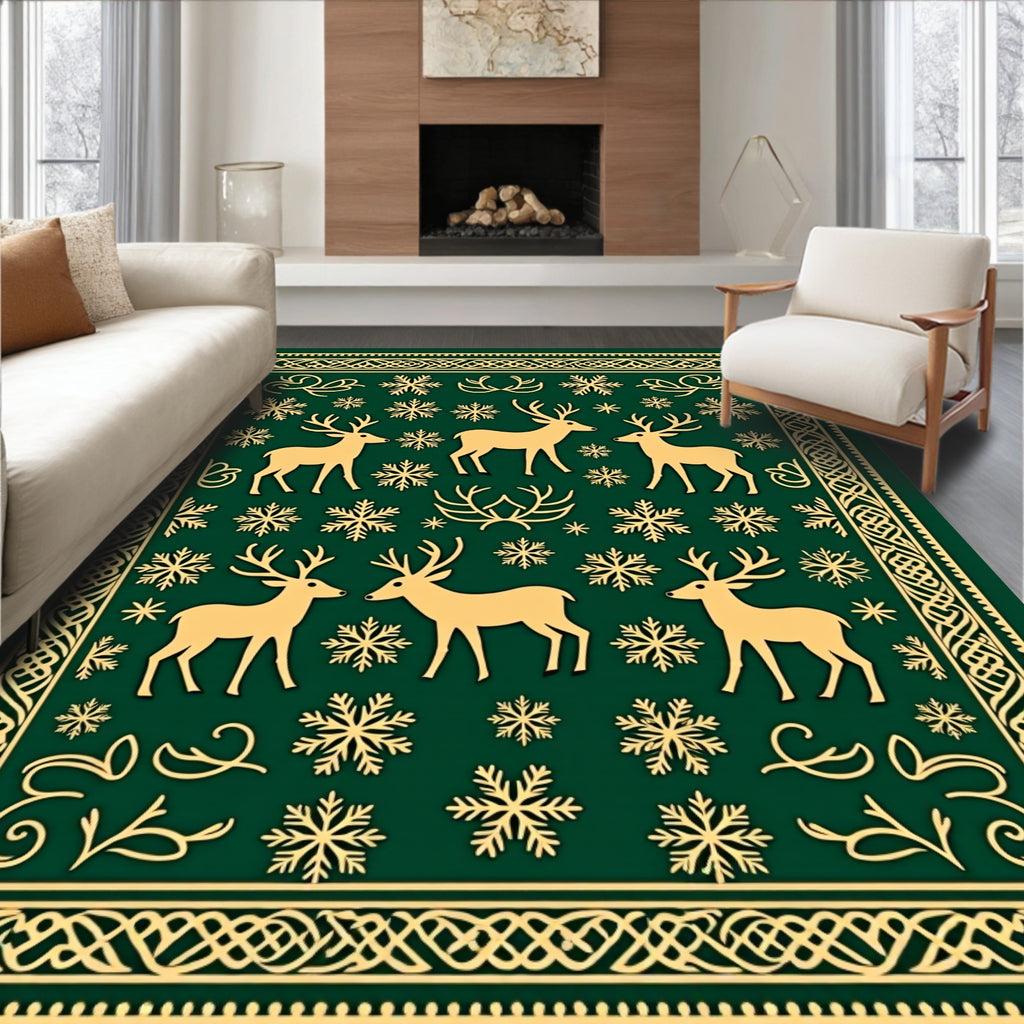 Golden Deer Snowflake Emerald Border Rug