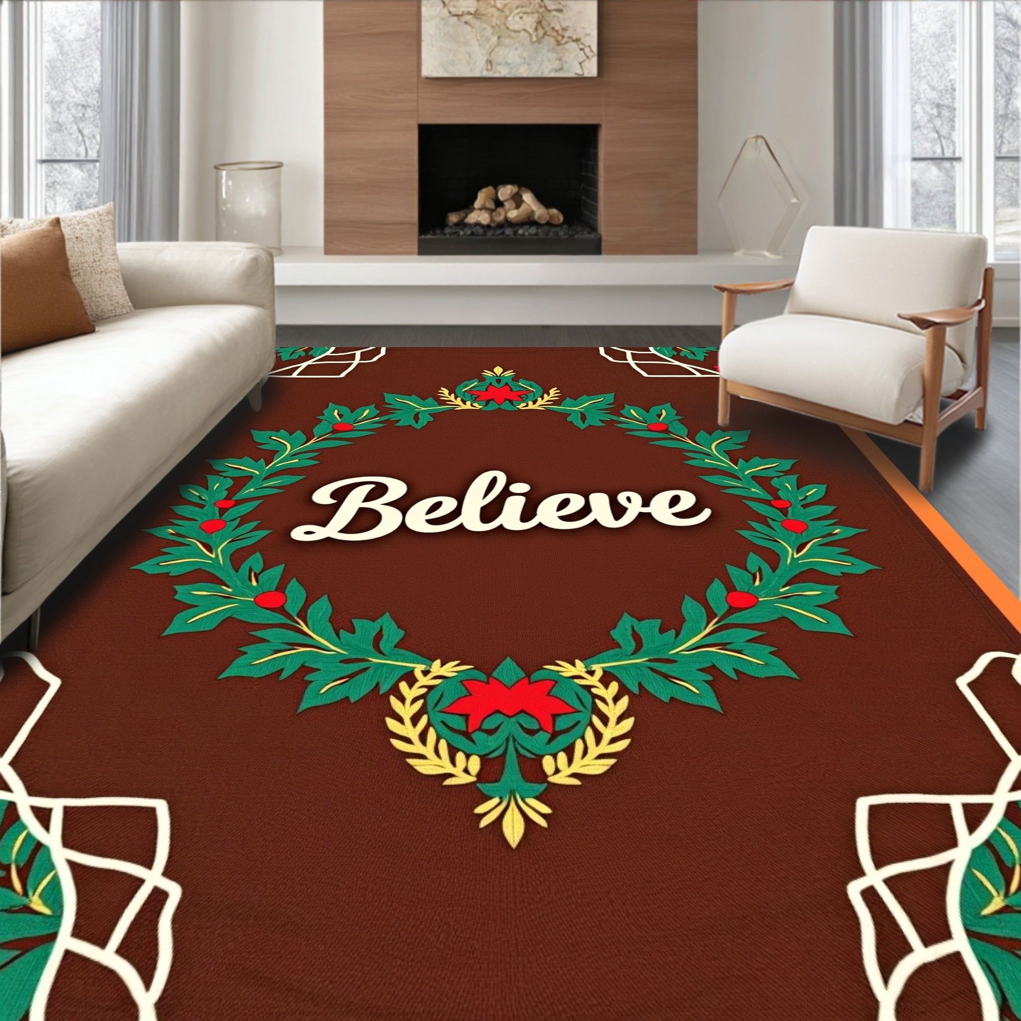 Festive Red Holly Laurel Wreath Rug