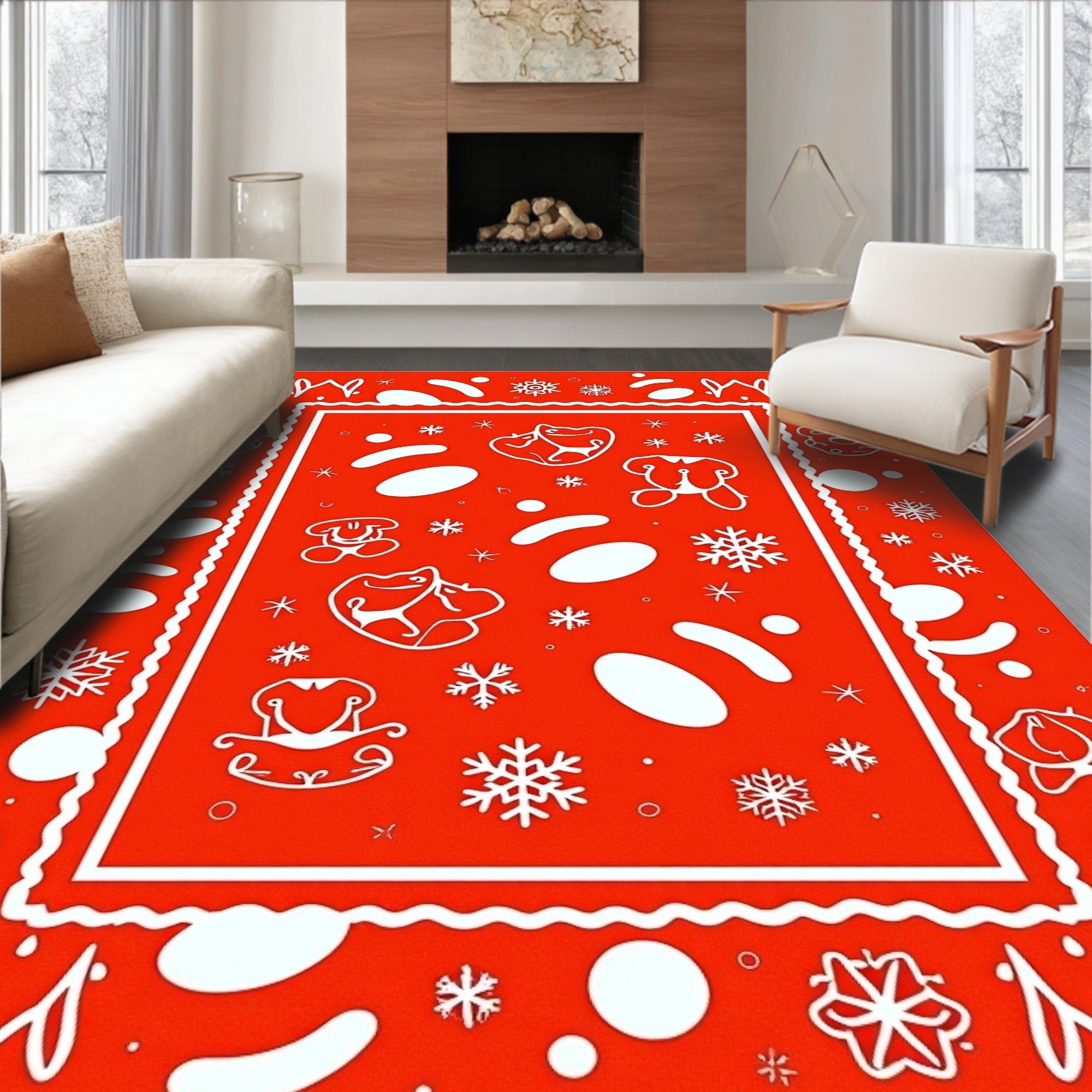 Red Whimsical Snowflakes and Animal Friends Rug
