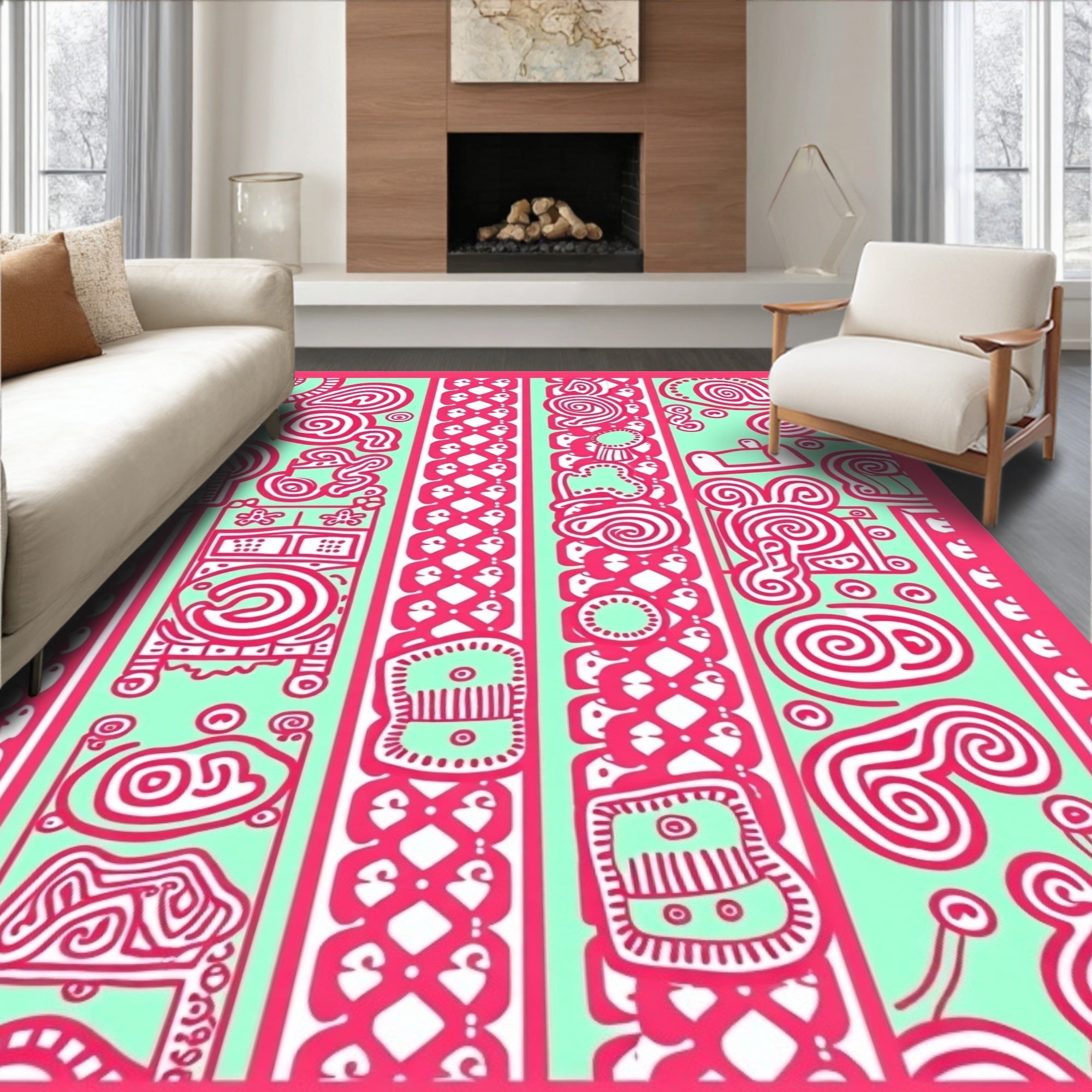 Pink Swirls And Shapes On Mint Rug