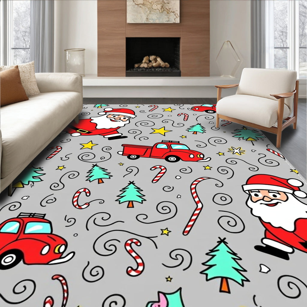Festive Red Truck Santa Candy Cane Swirls Rug