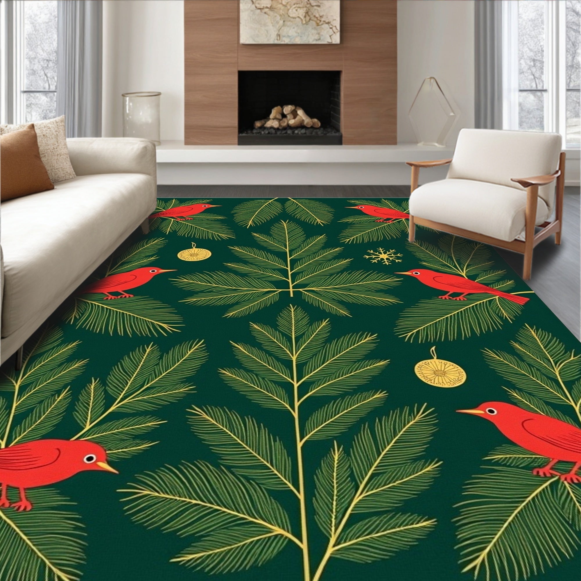 Crimson Birds Evergreen Holiday Garland Rug