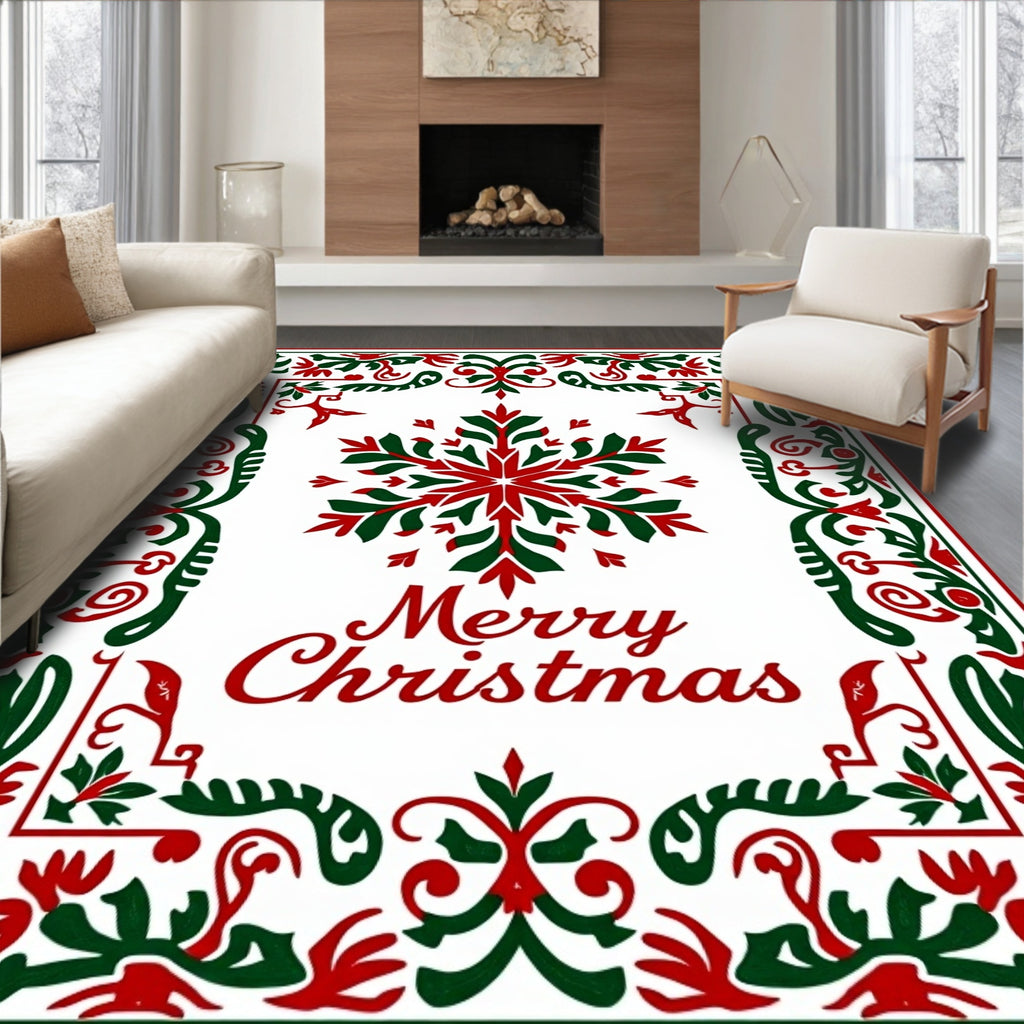 Festive Red Green Snowflake Medallion Rug