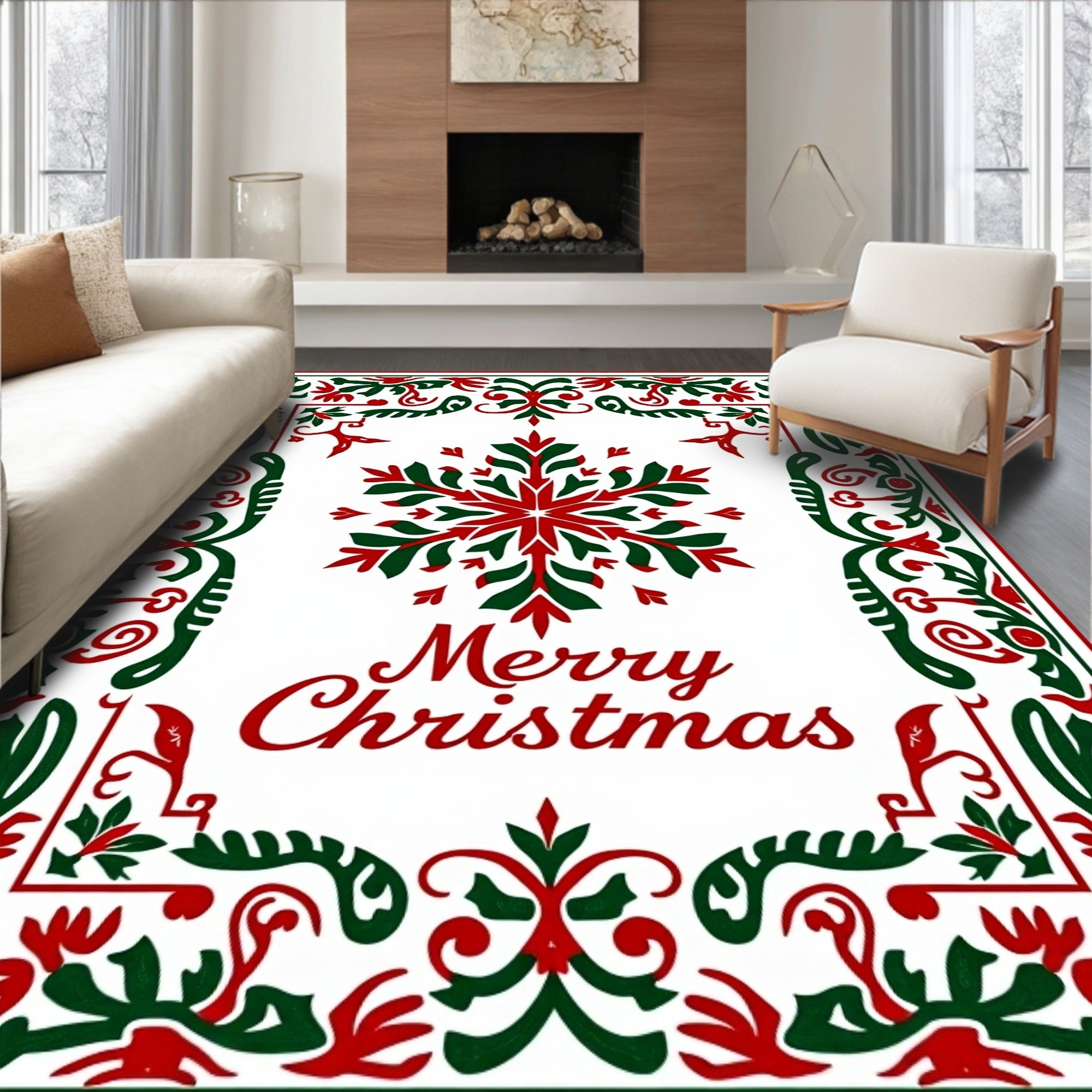 Festive Red Green Snowflake Medallion Rug