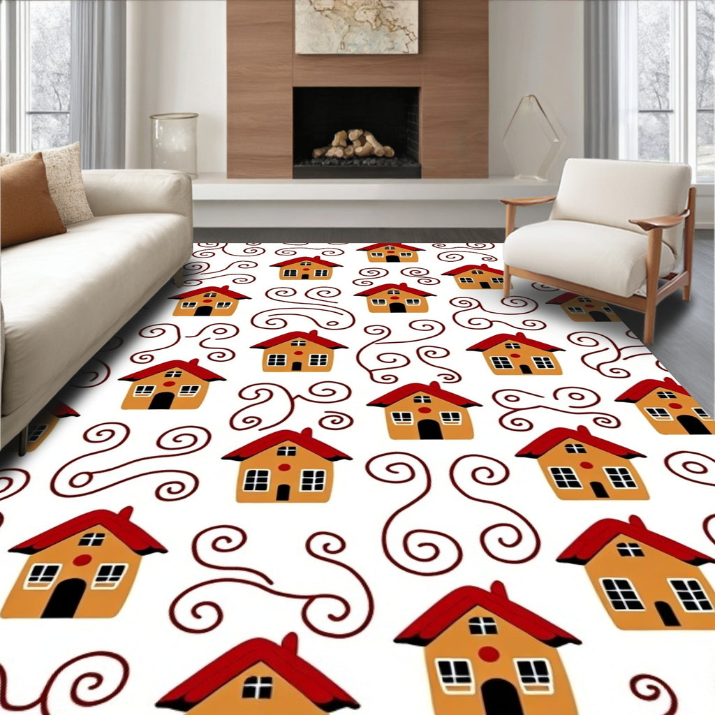 Orange Houses Red Roof Swirls Rug