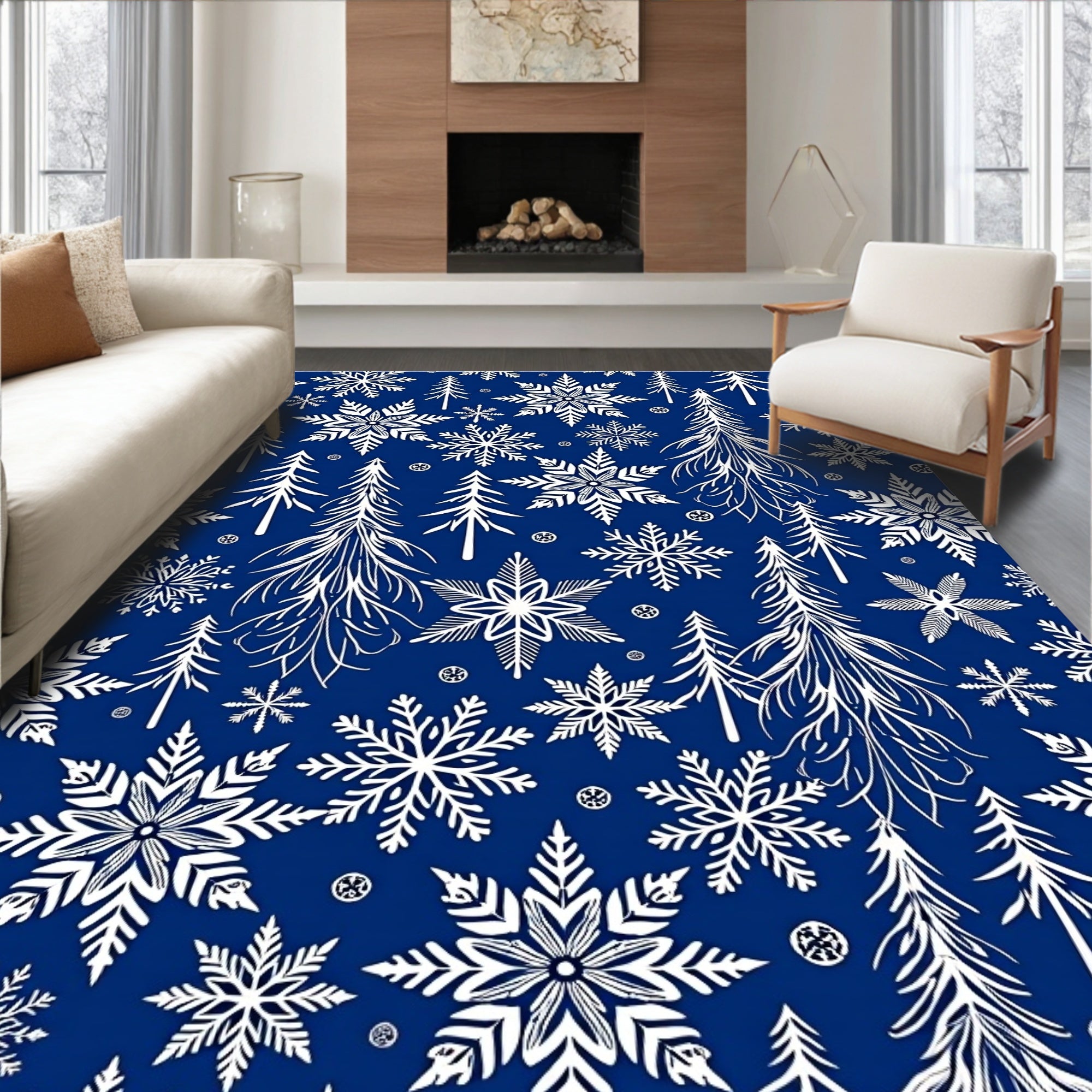 White Snowflake Forest Winter Scene Rug