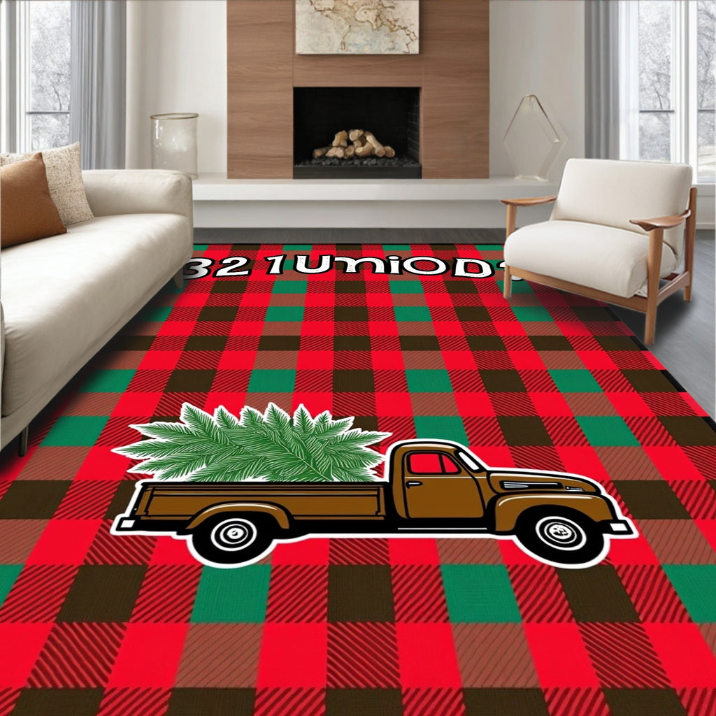 Red Green Checkered Truck Tree Rug