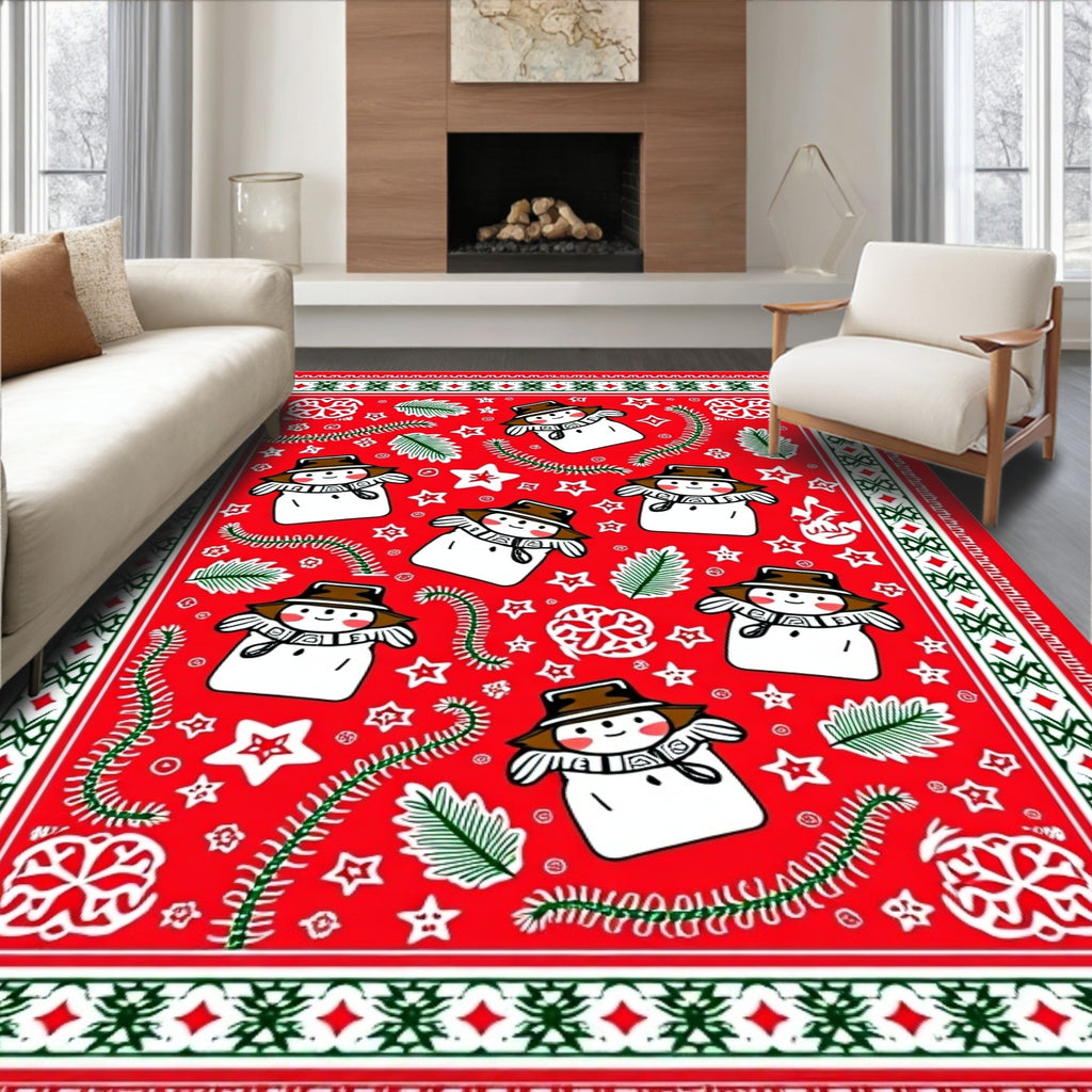 Festive Red Snowman And Star Collection Rug