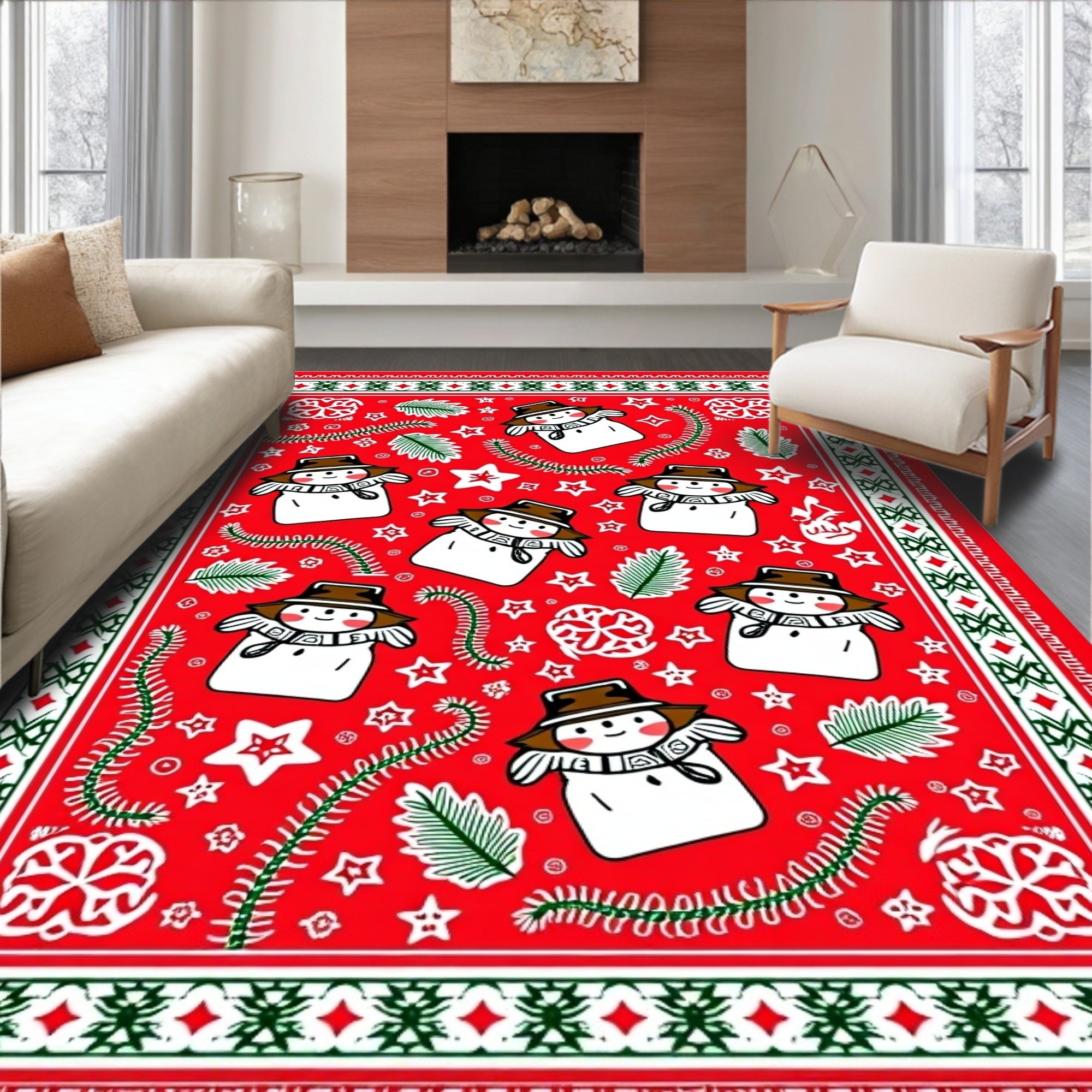 Festive Red Snowman And Star Collection Rug