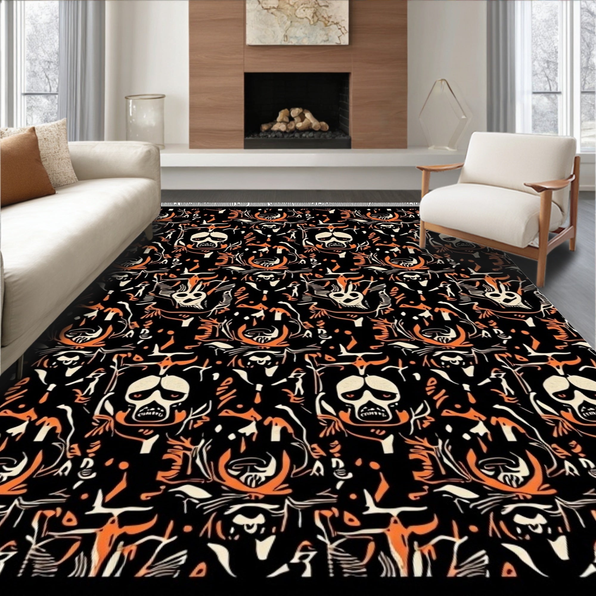 Creepy Black Orange Skeleton Horror Rug