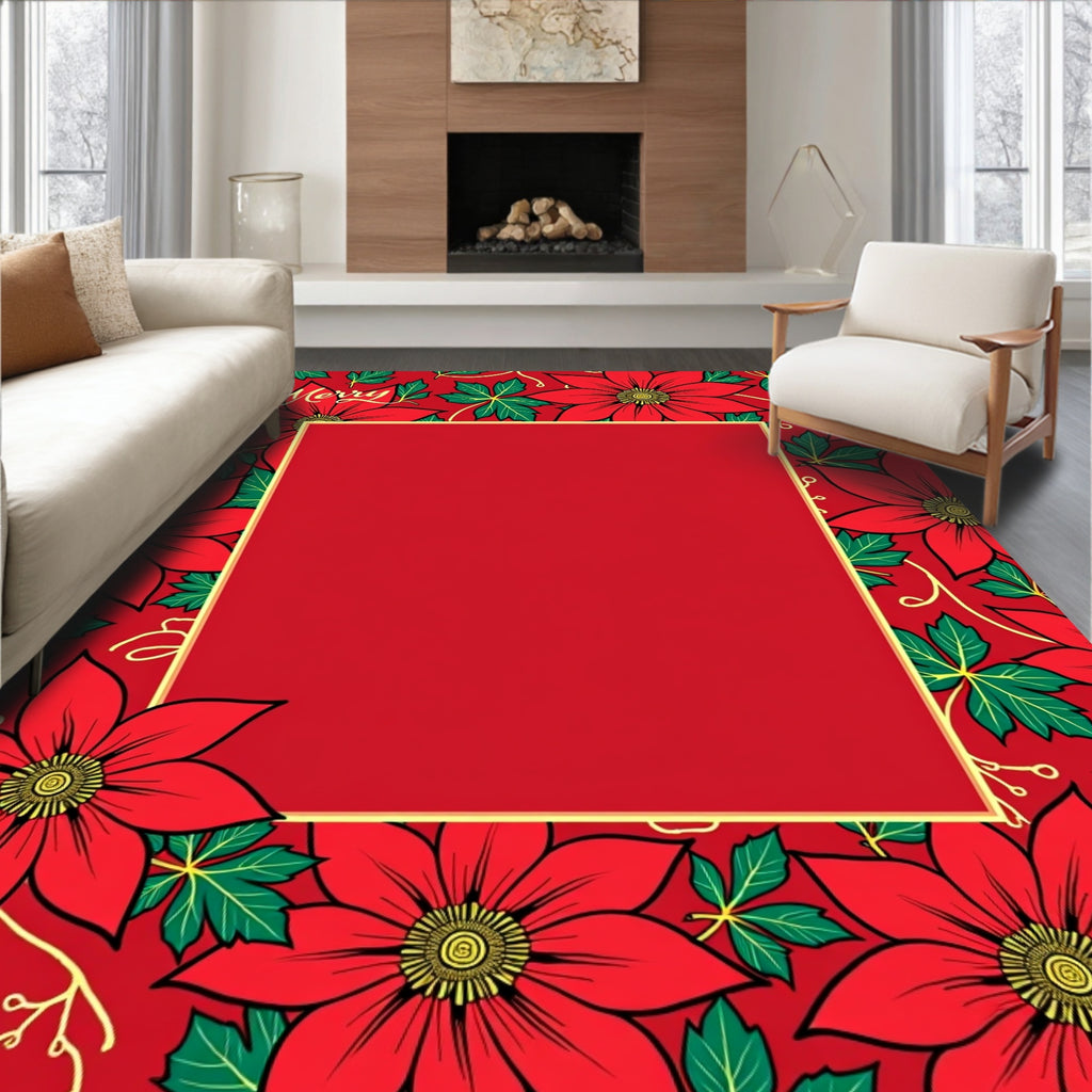 Red Poinsettia Floral Border Rug