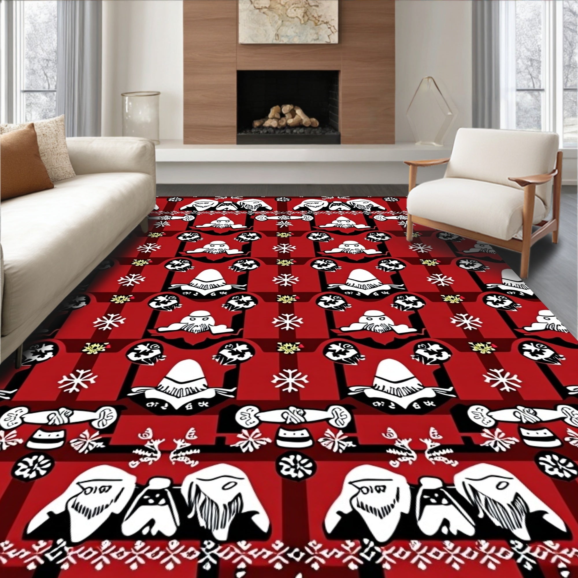 Red Black White Folk Art Snowflakes Rug