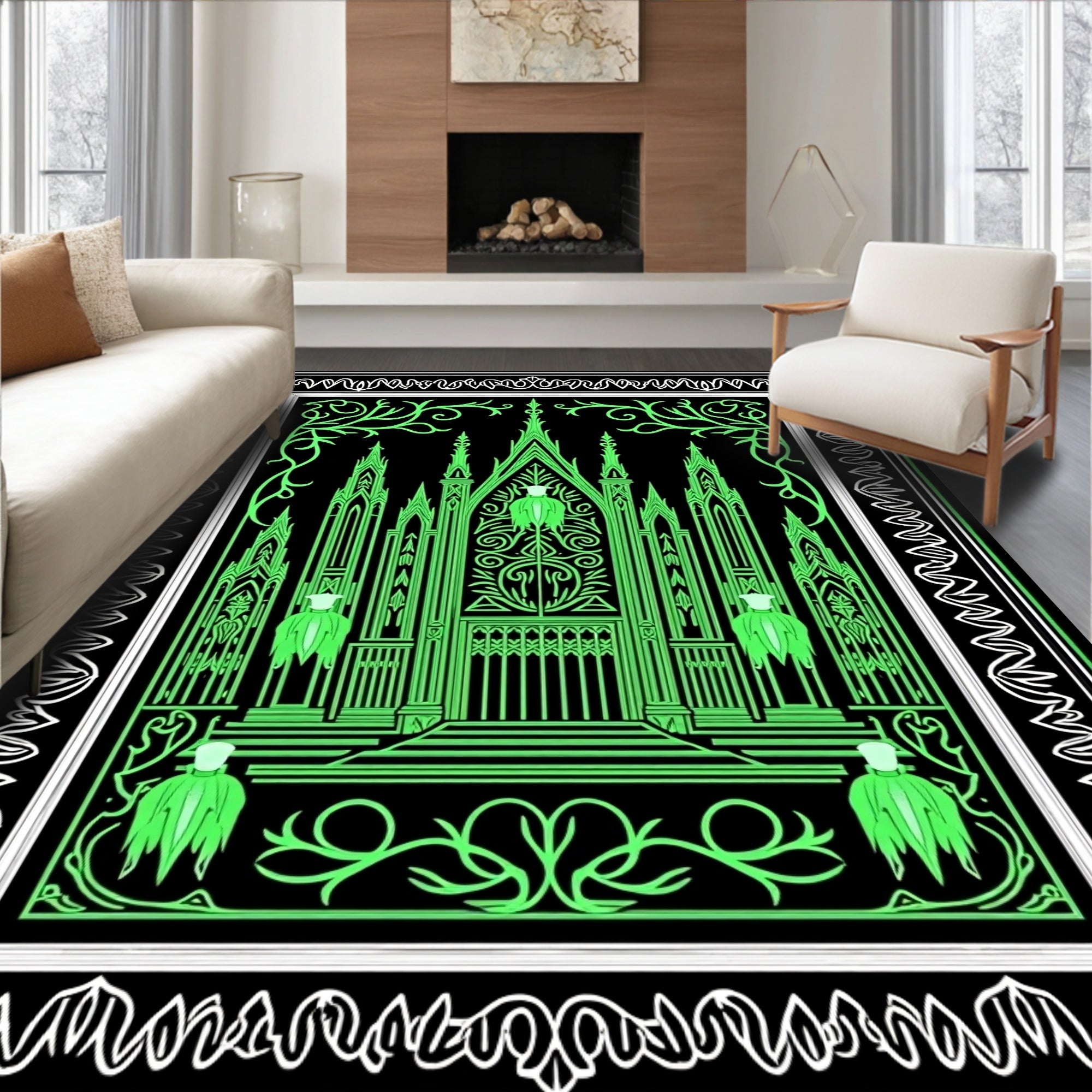 Gothic Green Castle Abstract Border Rug