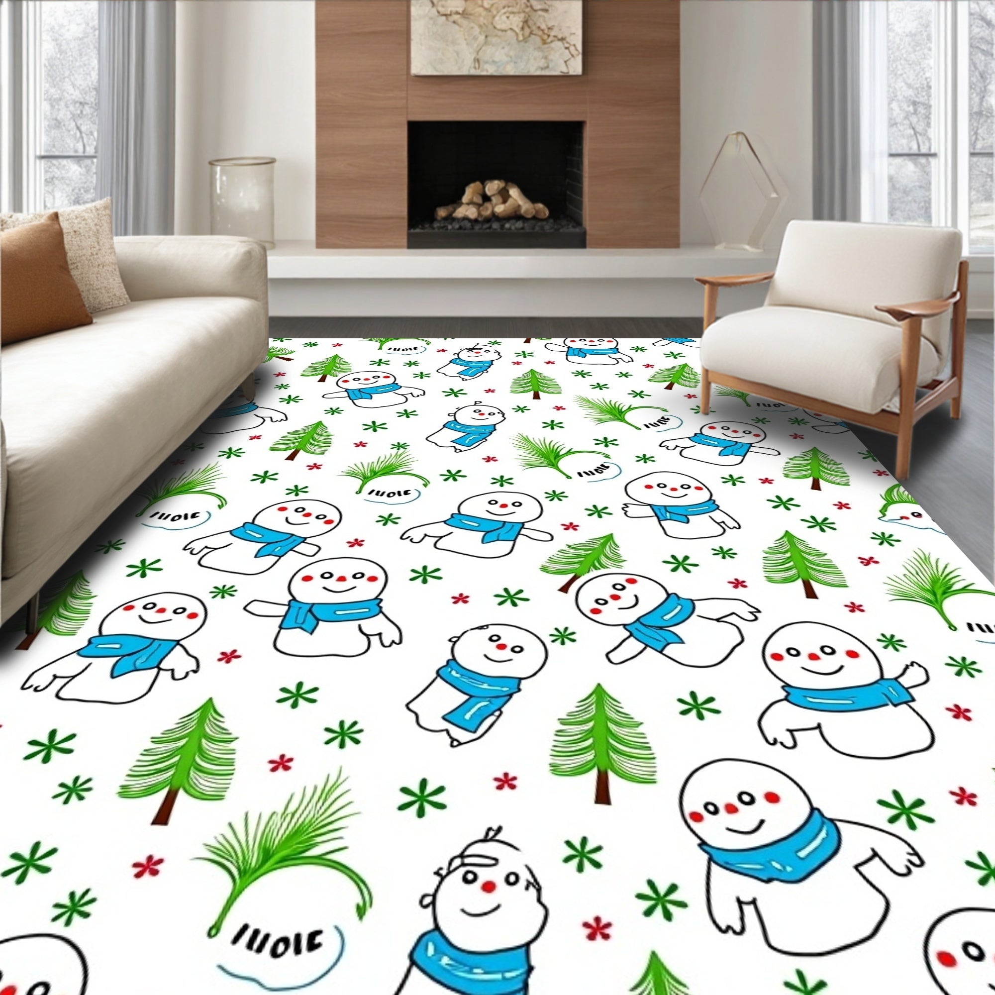 Festive Snowman Winter Trees Snowflakes Rug