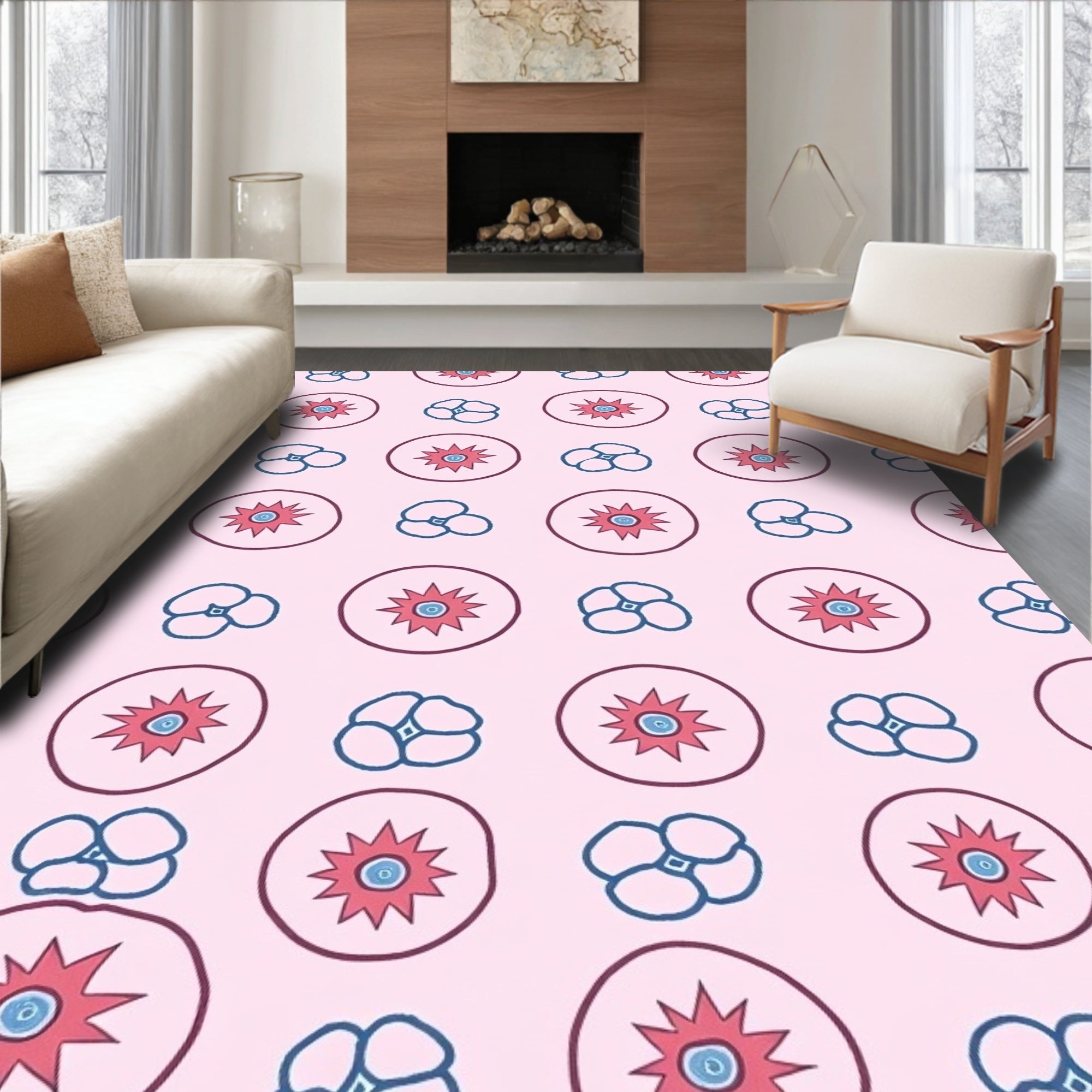 Pink Cherry Blossom Folk Art Rug