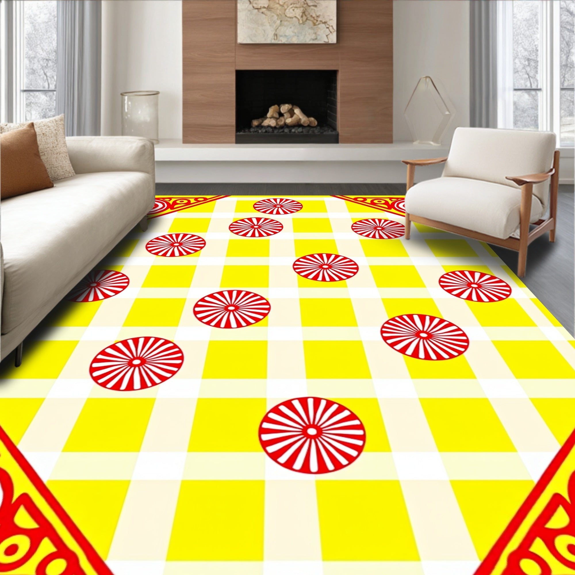 Vibrant Yellow Red Circular Gingham Rug