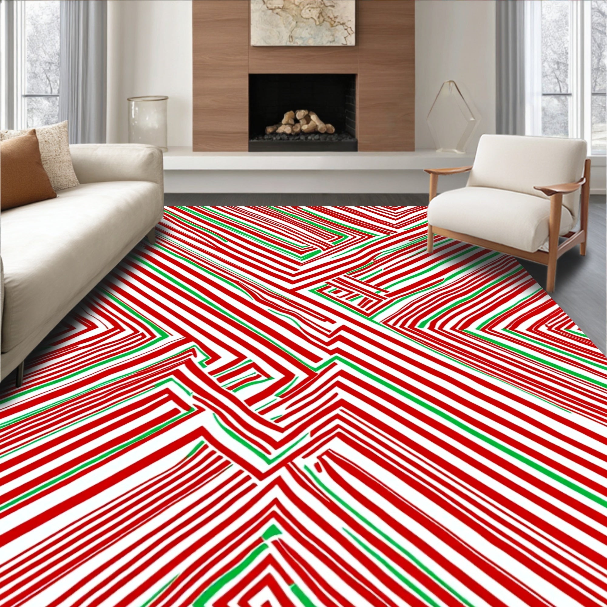 Red Green Diagonal Striped Maze Rug