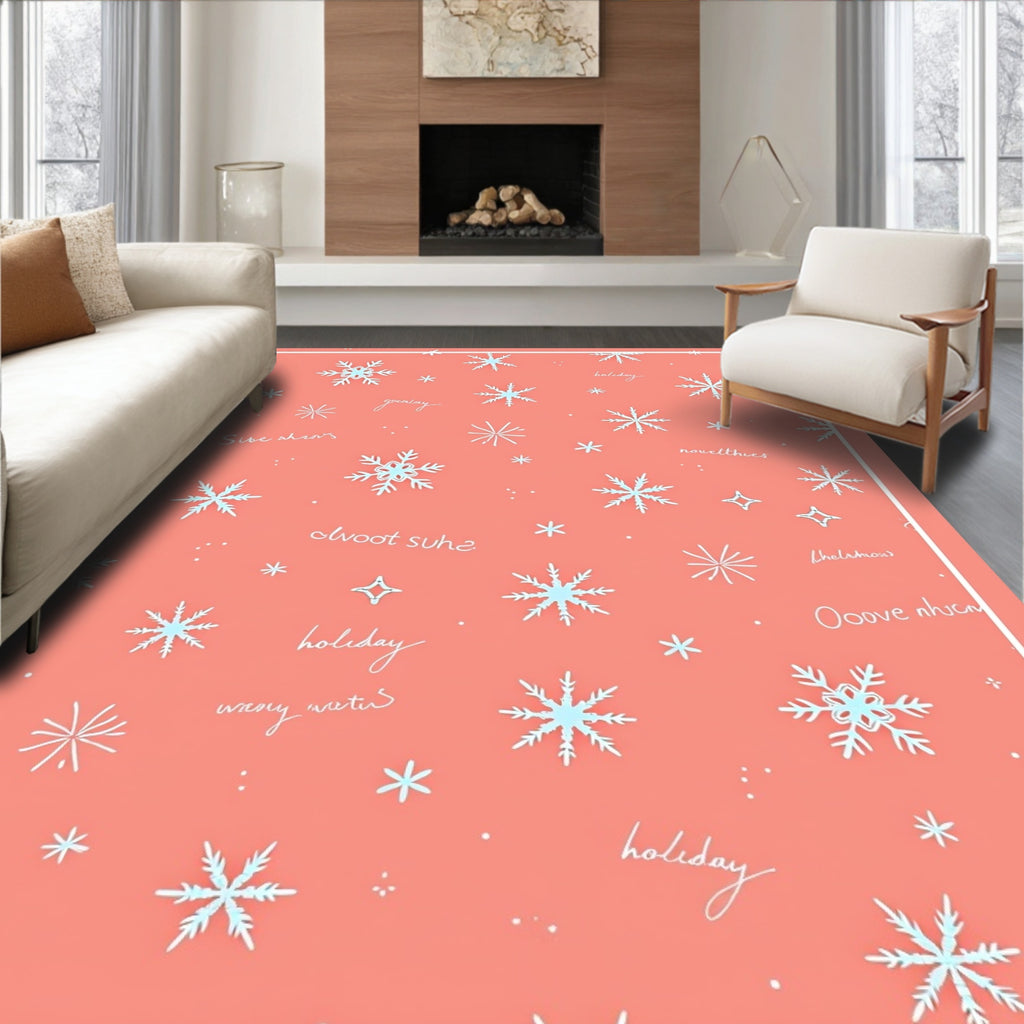 Light Blue Snowflakes Coral Background Rug