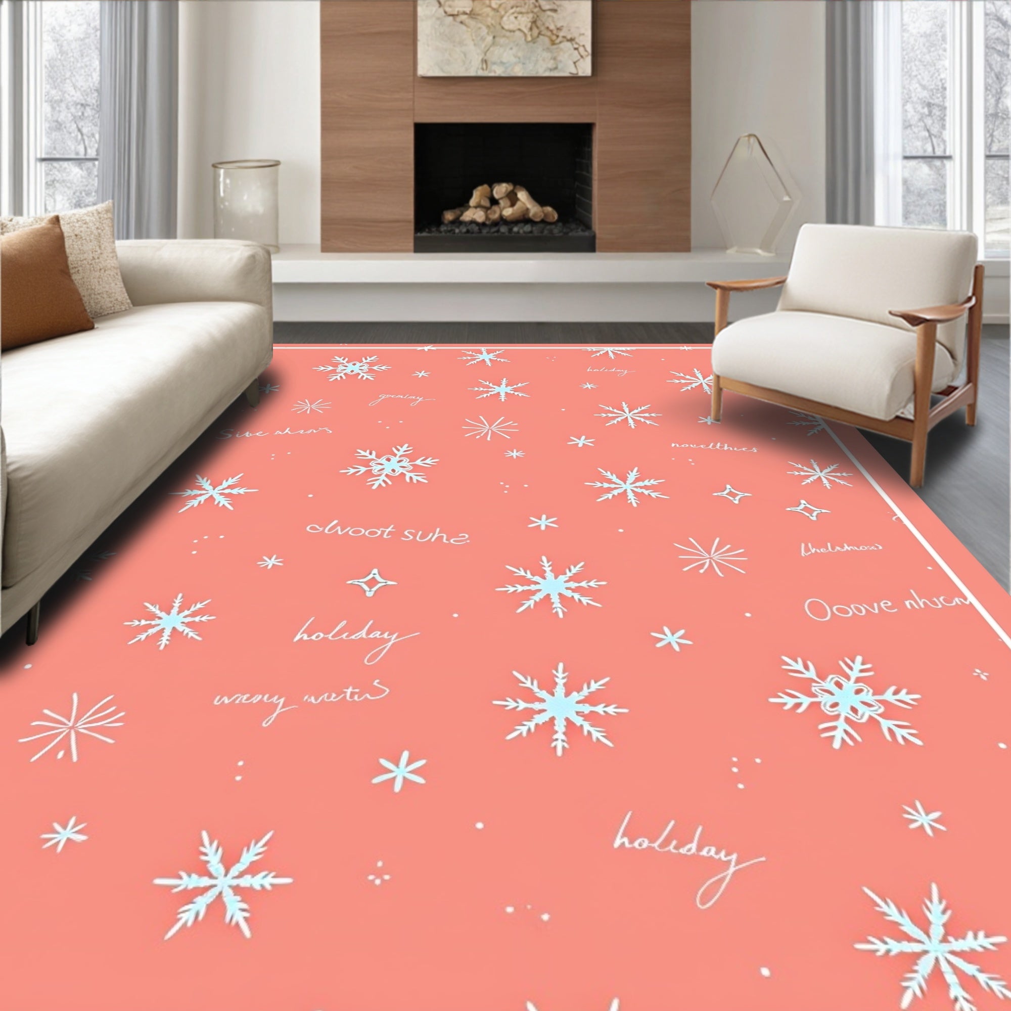 Light Blue Snowflakes Coral Background Rug