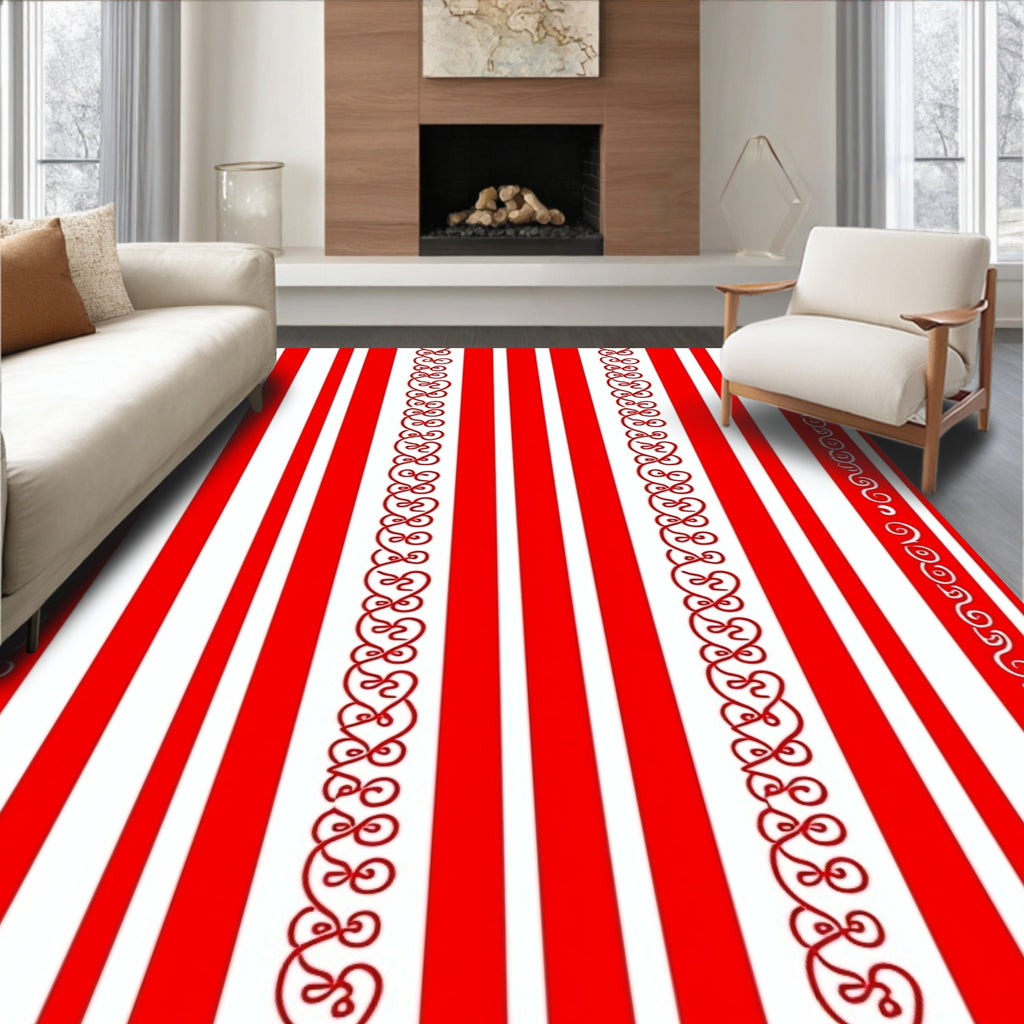 Red White Striped Scroll Border Rug