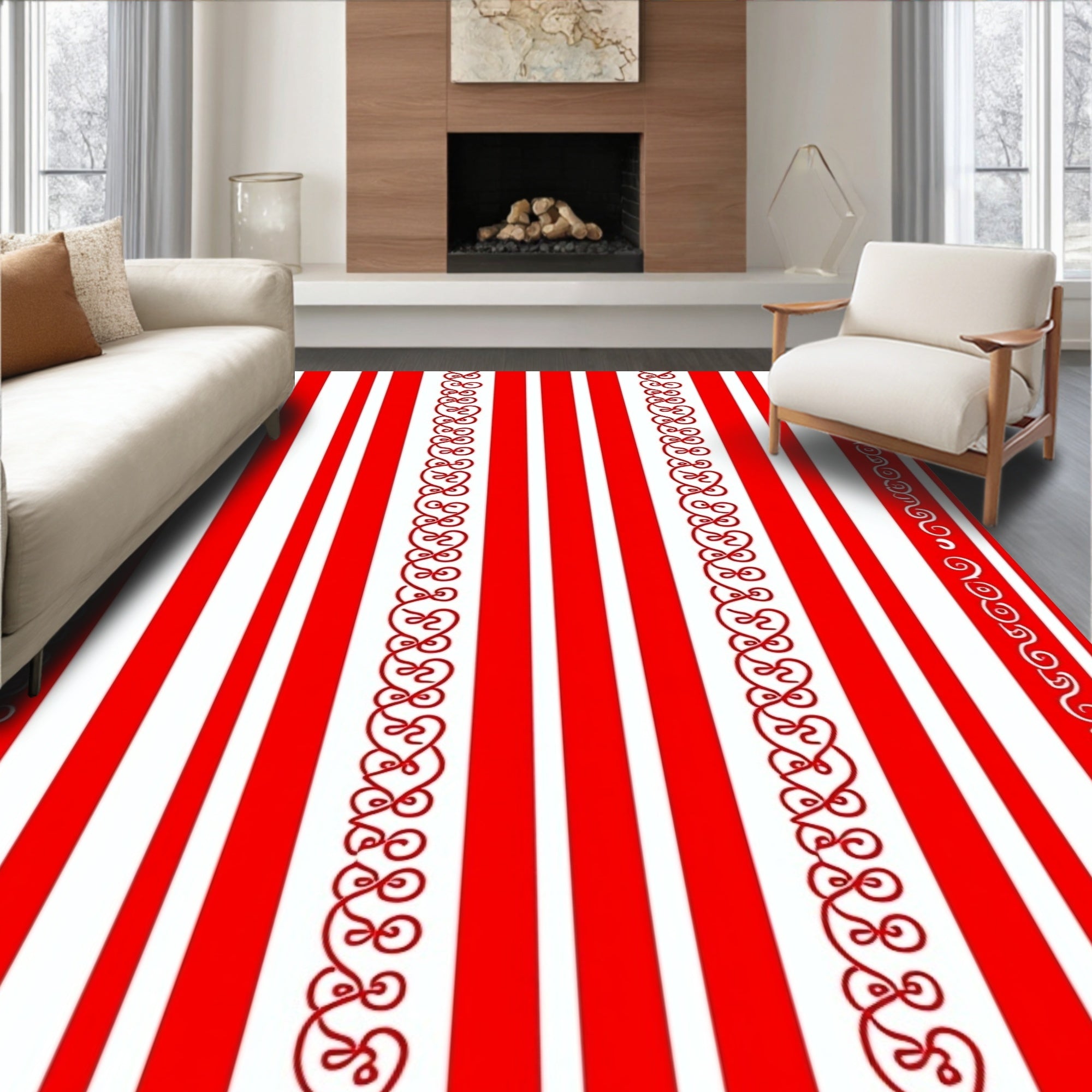 Red White Striped Scroll Border Rug