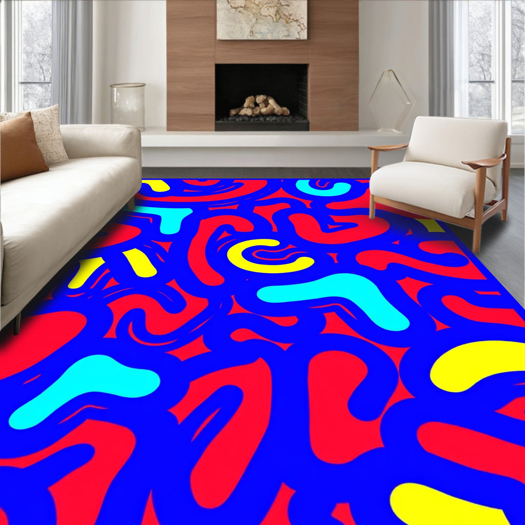 Vibrant Blue Red Yellow Abstract Flow Rug