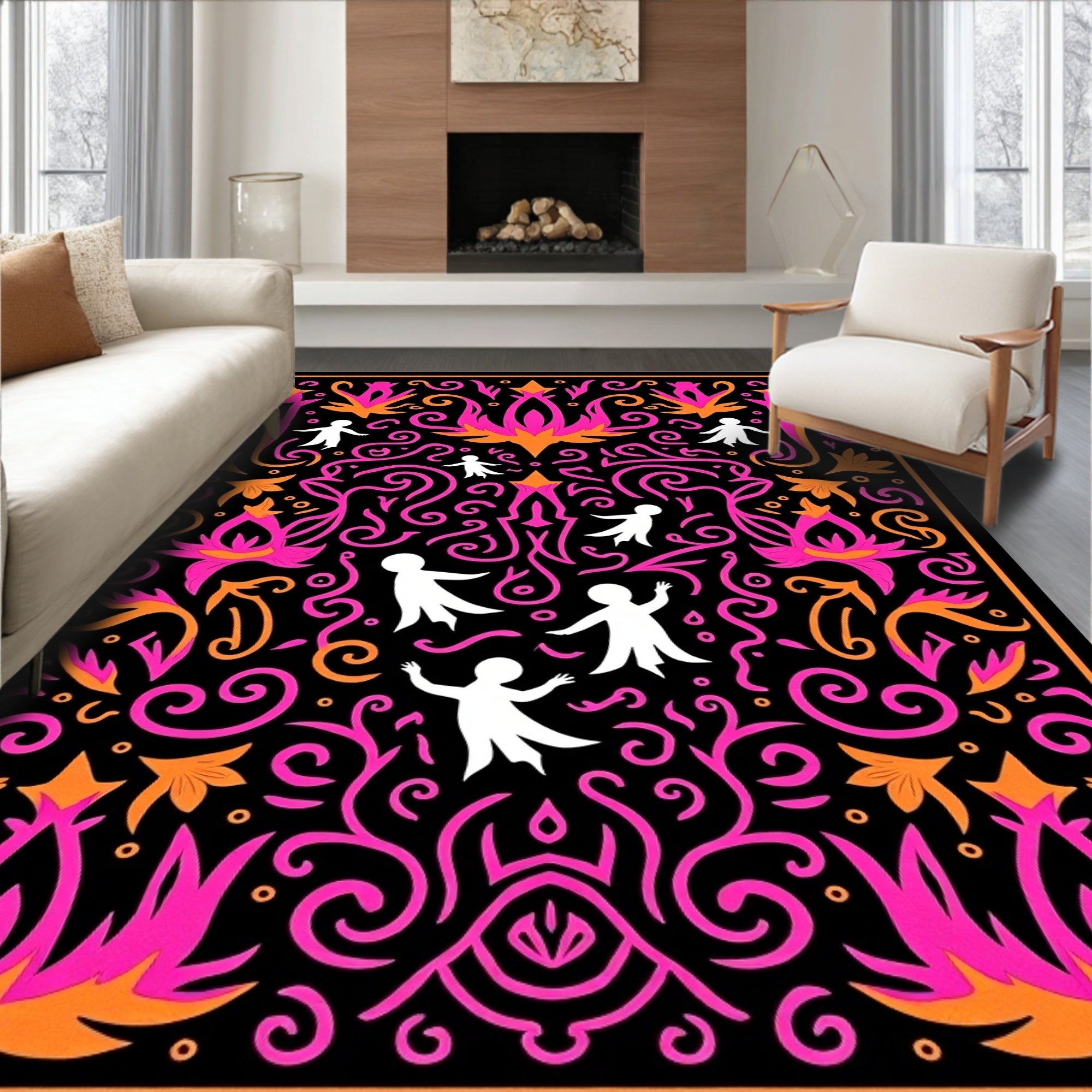 Whimsical Pink Orange Figures Swirl Rug
