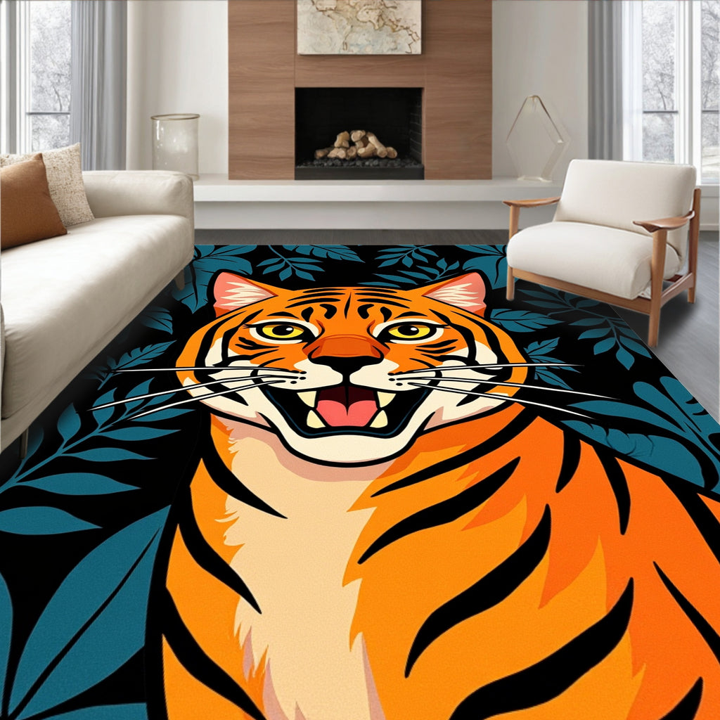 Vibrant Orange Tiger Jungle Leaves Rug