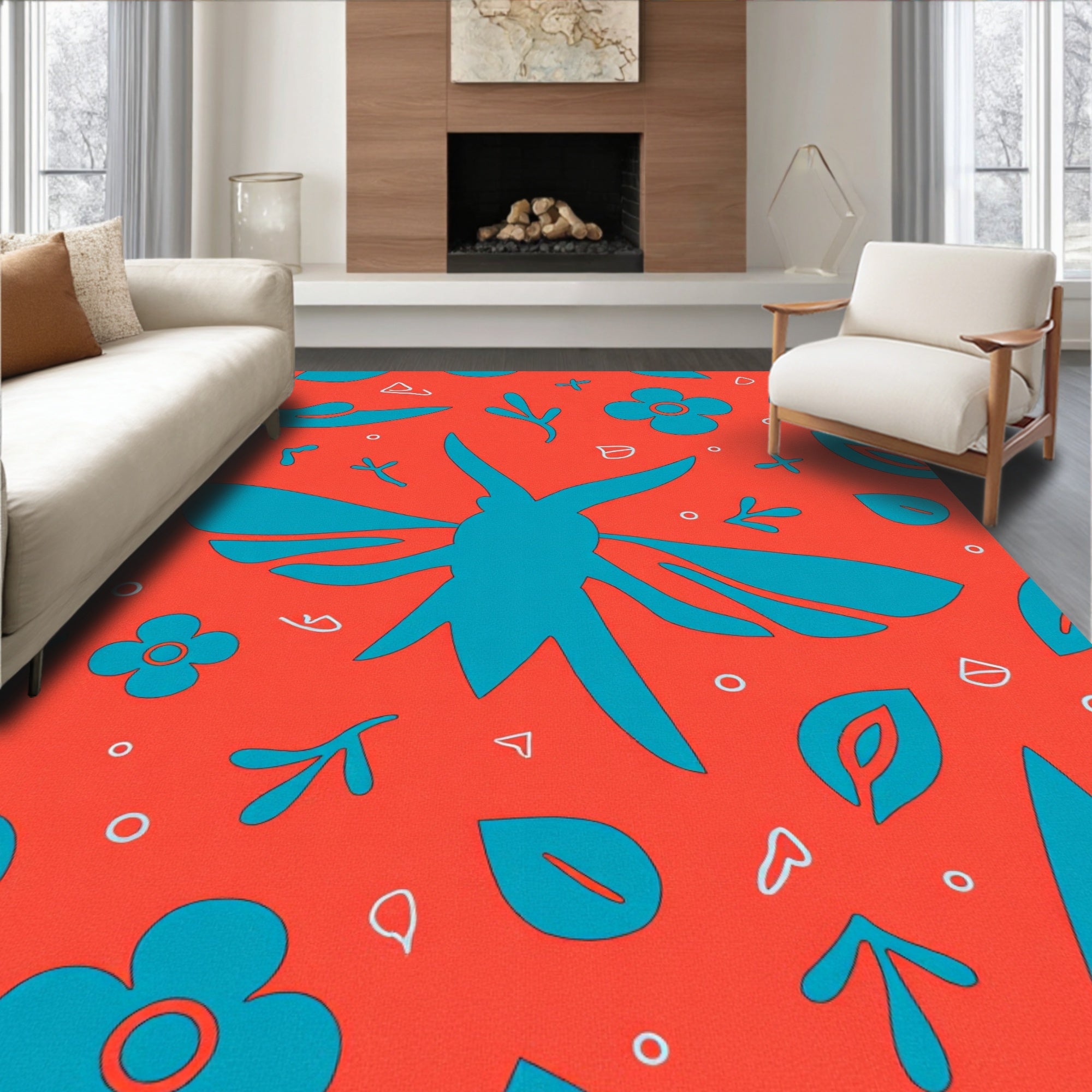Coral Teal Abstract Floral Whimsical Rug
