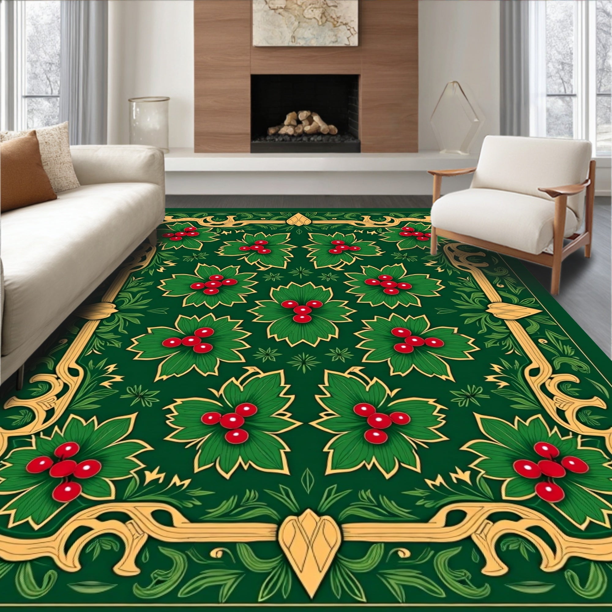 Emerald Green Holly Berry Medallion Rug