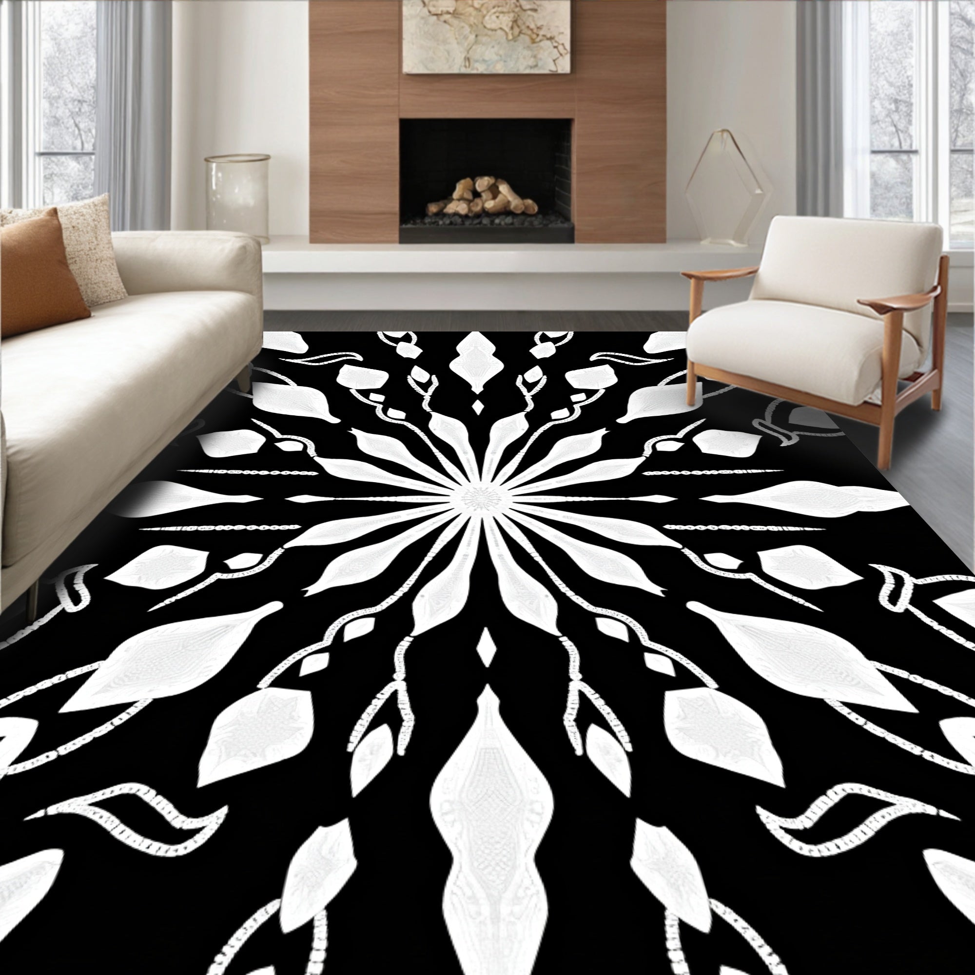 Monochromatic White Symmetric Floral Inlay Rug