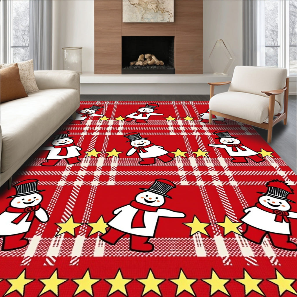 Red White Plaid Snowmen Stars Rug