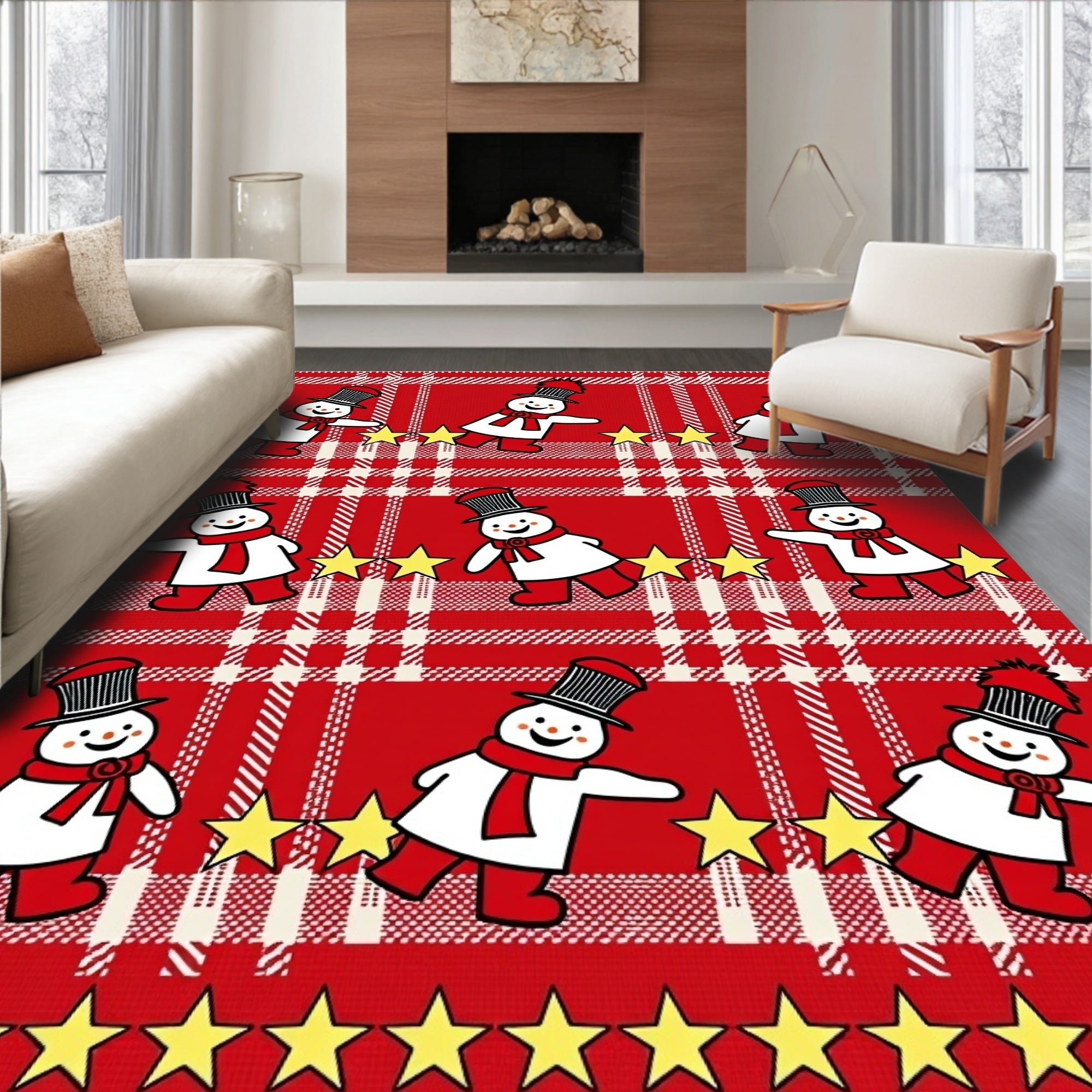 Red White Plaid Snowmen Stars Rug