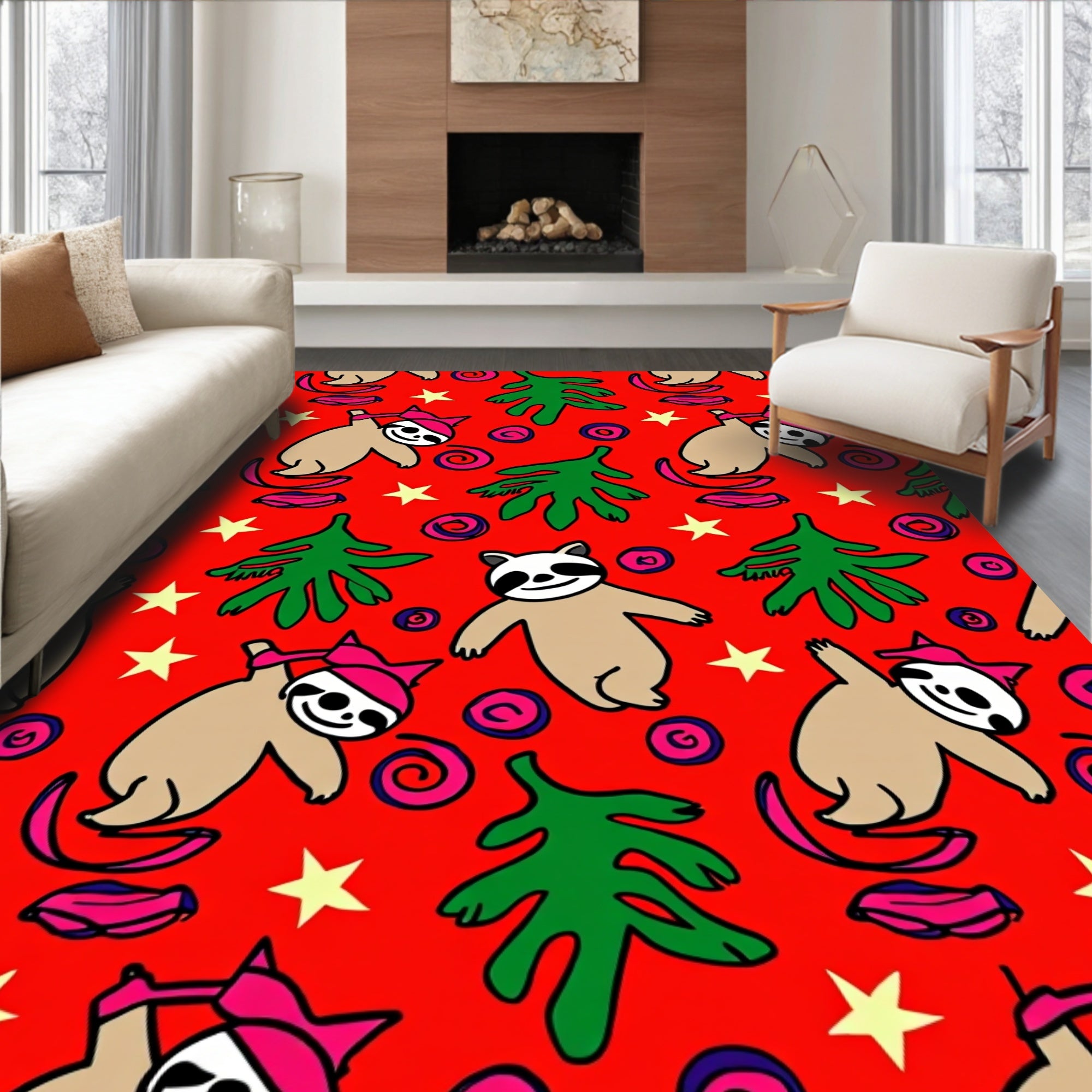 Red Sloth Christmas Tree Star Whimsy Rug