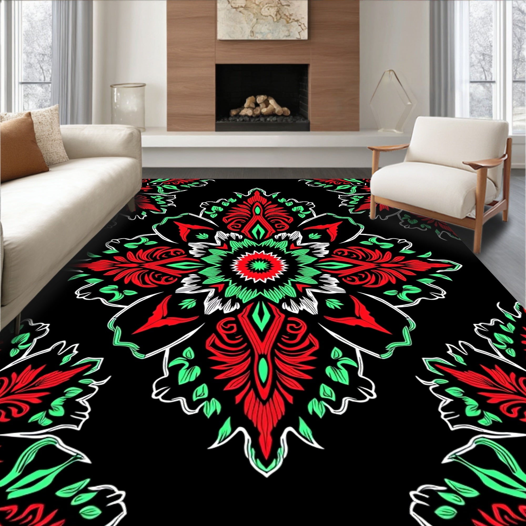 Vibrant Scarlet Jade Mandala Tile Rug