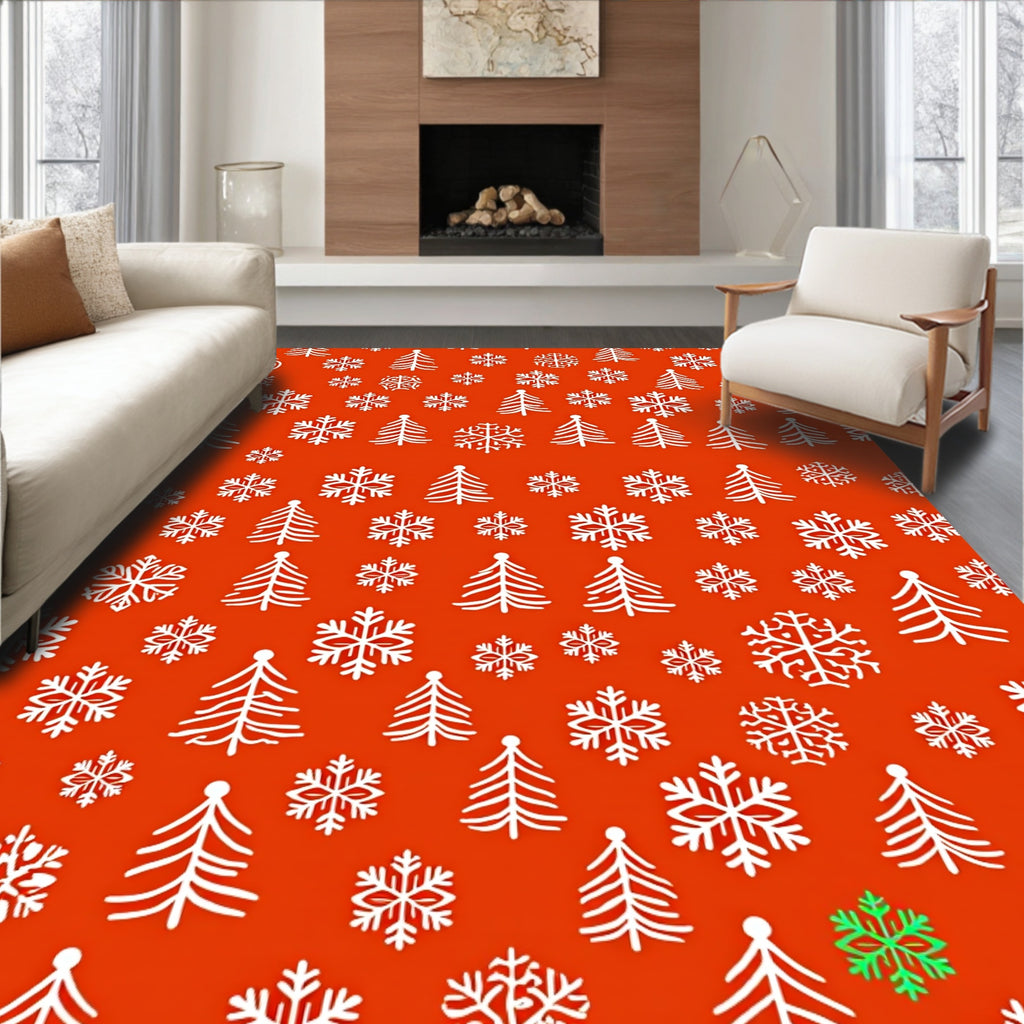 Festive White Snowflakes Christmas Trees Rug
