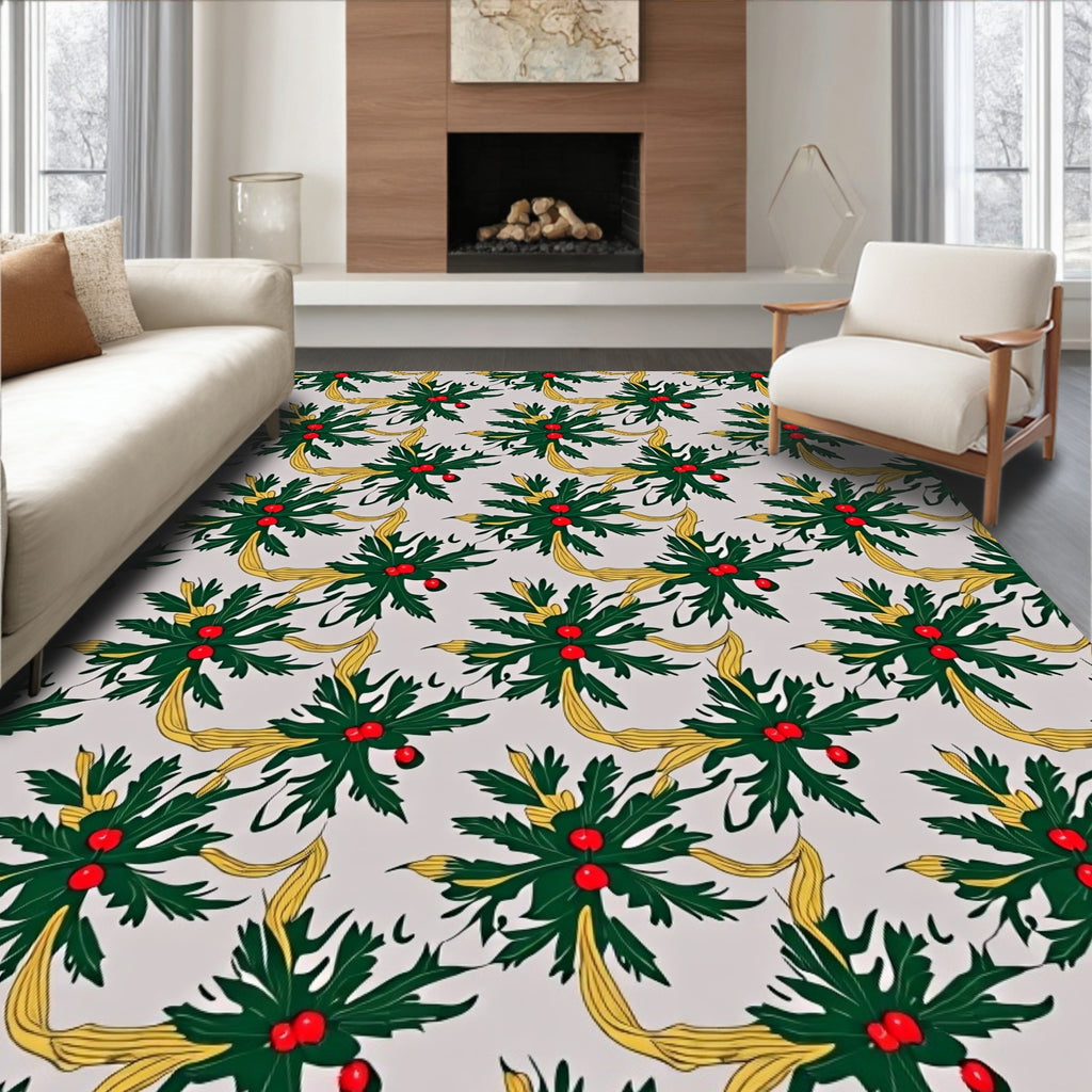 Festive Green Holly Berry Ribbon Repeated Rug